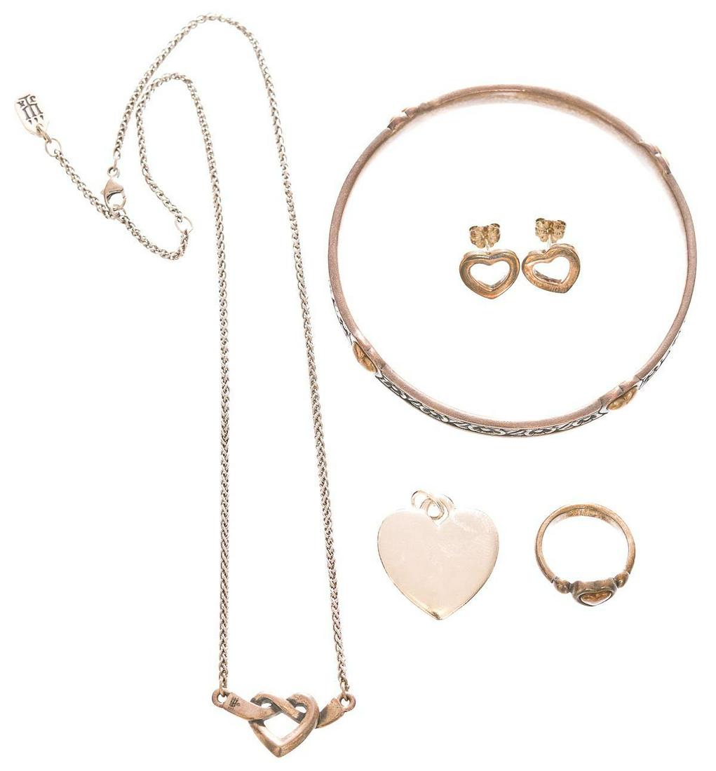 Vintage James Avery 14K Sterling Heart Jewelry: James Avery sterling jewelry, five pieces, including Heart of Gold bracelet and True Heart ring, all sterling silver heart earrings, necklace, pendant 61.2g total weight Provenance: Inventory from t
