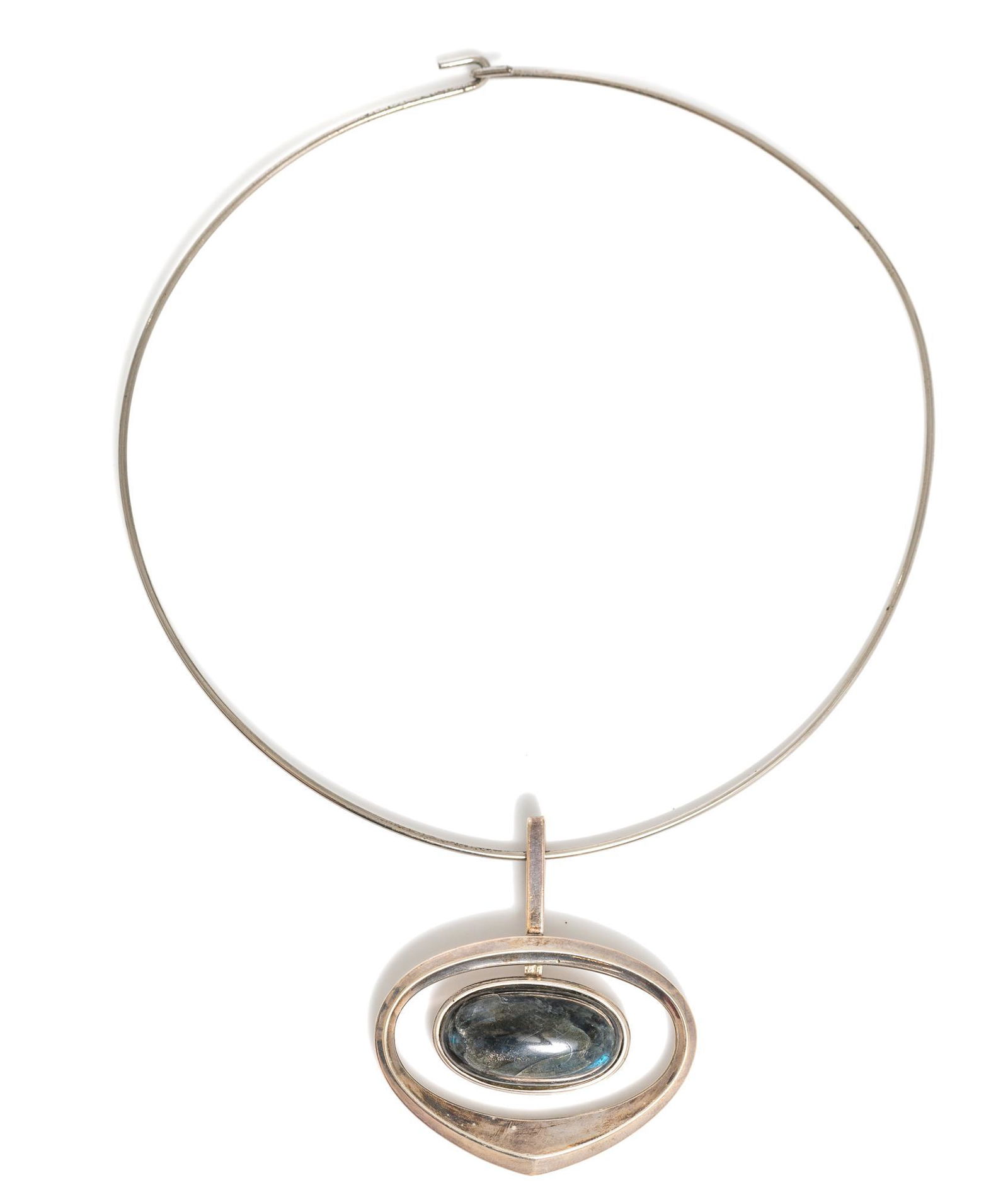 David Anderson "Marianne's Heart" Sterling Pendant: David Anderson (Norway, c. 1960's), "Marianne's Heart" pendant with a cabochon laborite, designed by Marianne Berg for "The Stone Series", hallmarked: David Anderson UNI, 2"; with non-sterling neck