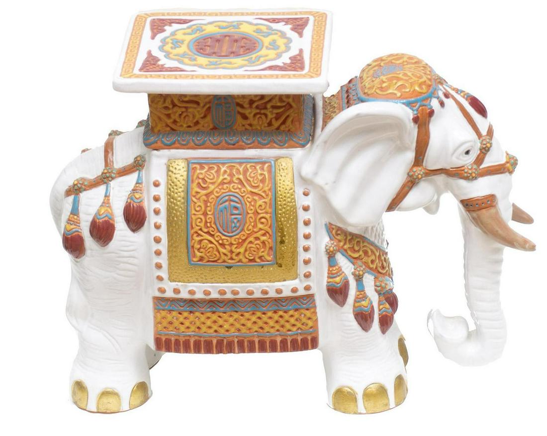 Vintage Ceramic Indian Elephant Plant Stand: Vintage colorful ceramic plant stand, Indian elephant motif 15"h x 20"w x 13"d Provenance: A Dallas, TX Collection We happily provide seamless shipping services on everything we sell. Please email us 