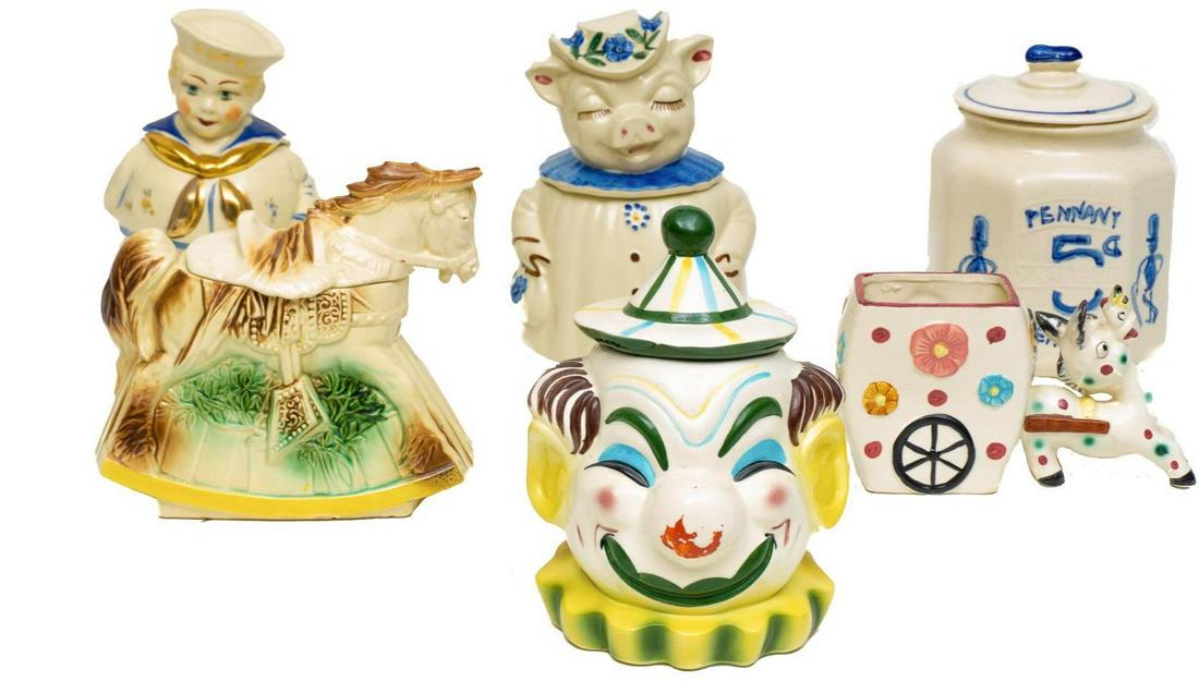 Lot of 6 Vintage Figural Cookie Jars: Lot of six vintage porcelain figural cookie jars, to include clown, donkey, rocking horse, etc, some marked, "USA", "Japan", "McCoy", painted 11"h x 8"d/ largest Provenance: A Dallas, TX Collection