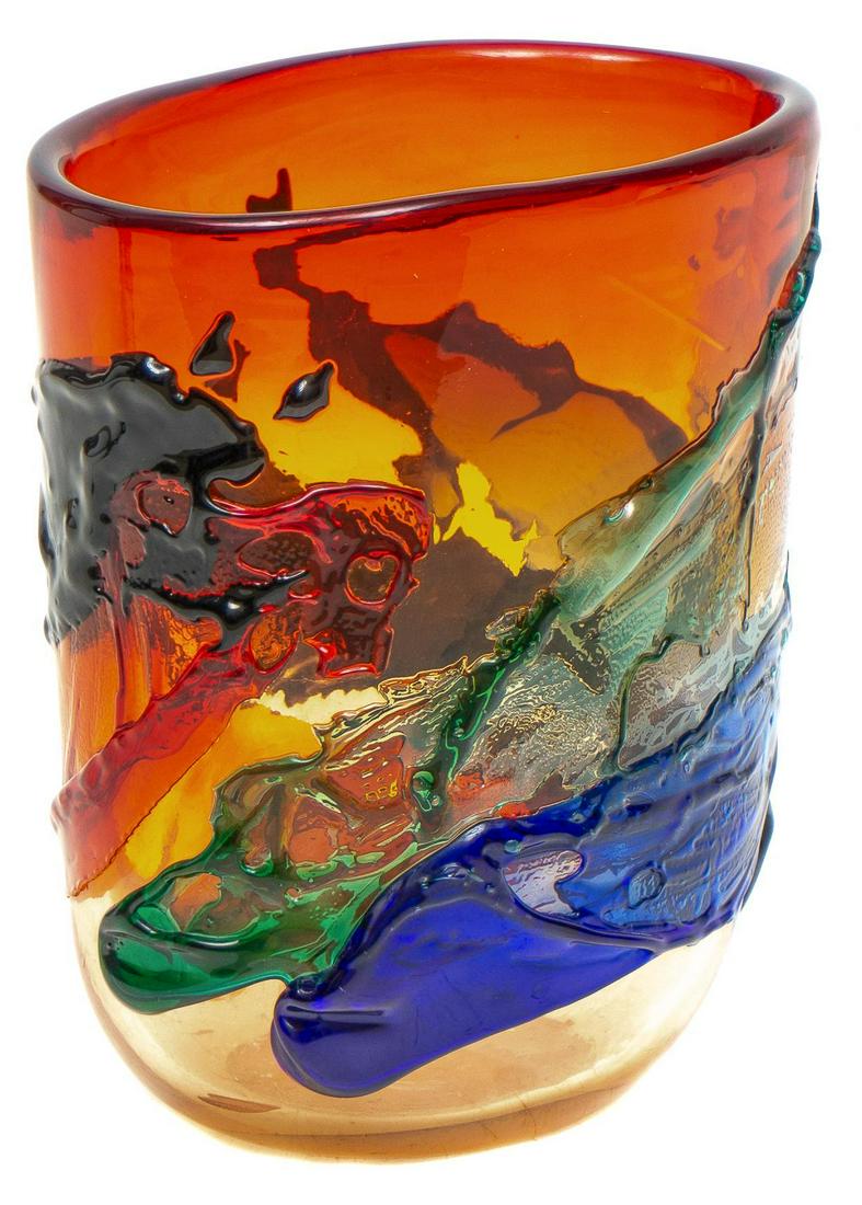 Hand Blown Art Glass Vase: Hand blown colorful art glass vase, heavily textured 11"h x 10"w x 6.5"d Provenance: A Dallas, TX Collection We happily provide seamless shipping services on everything we sell. Please email us at