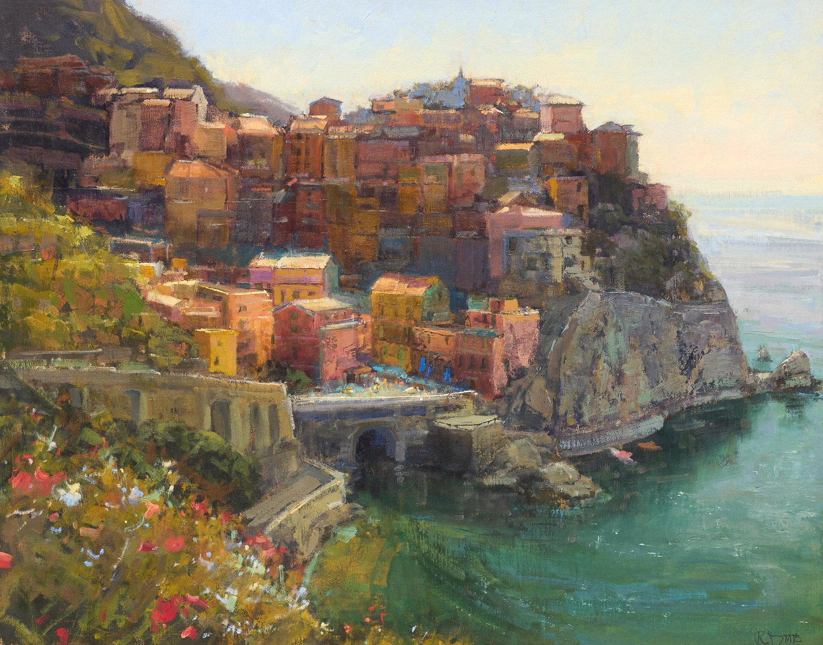 Kathryn Stats (b. 1944), "Manarola", 2009: Kathryn Stats (b. 1944), "Manarola", 2009, oil on canvas, framed frame: 24"h x 30"w Provenance: The Estate of Barbara "Babs" Baugh (San Antonio, Texas) We happily provide seamless shipping services o