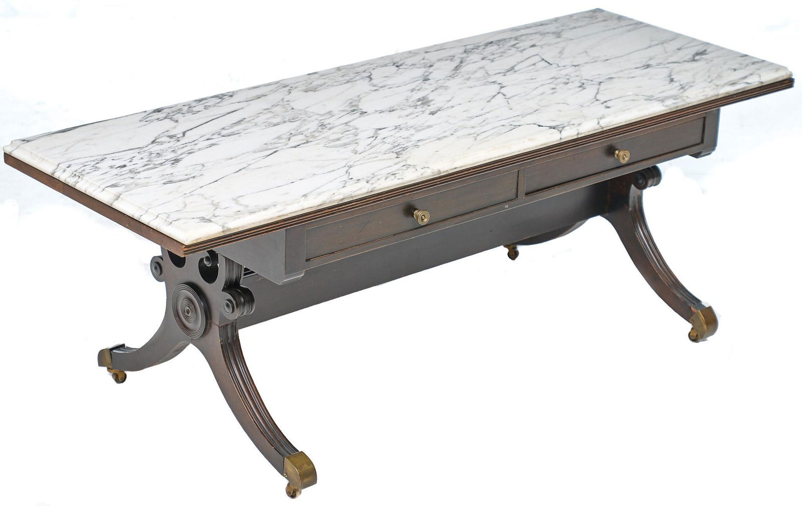 Marble Top Desk: Desk, white marble, four drawers, rising on Duncan Phyfe style brass foot legs 22"h x 60"w x 22"d Provenance: A San Antonio, TX Estate We happily provide seamless shipping services on everything we