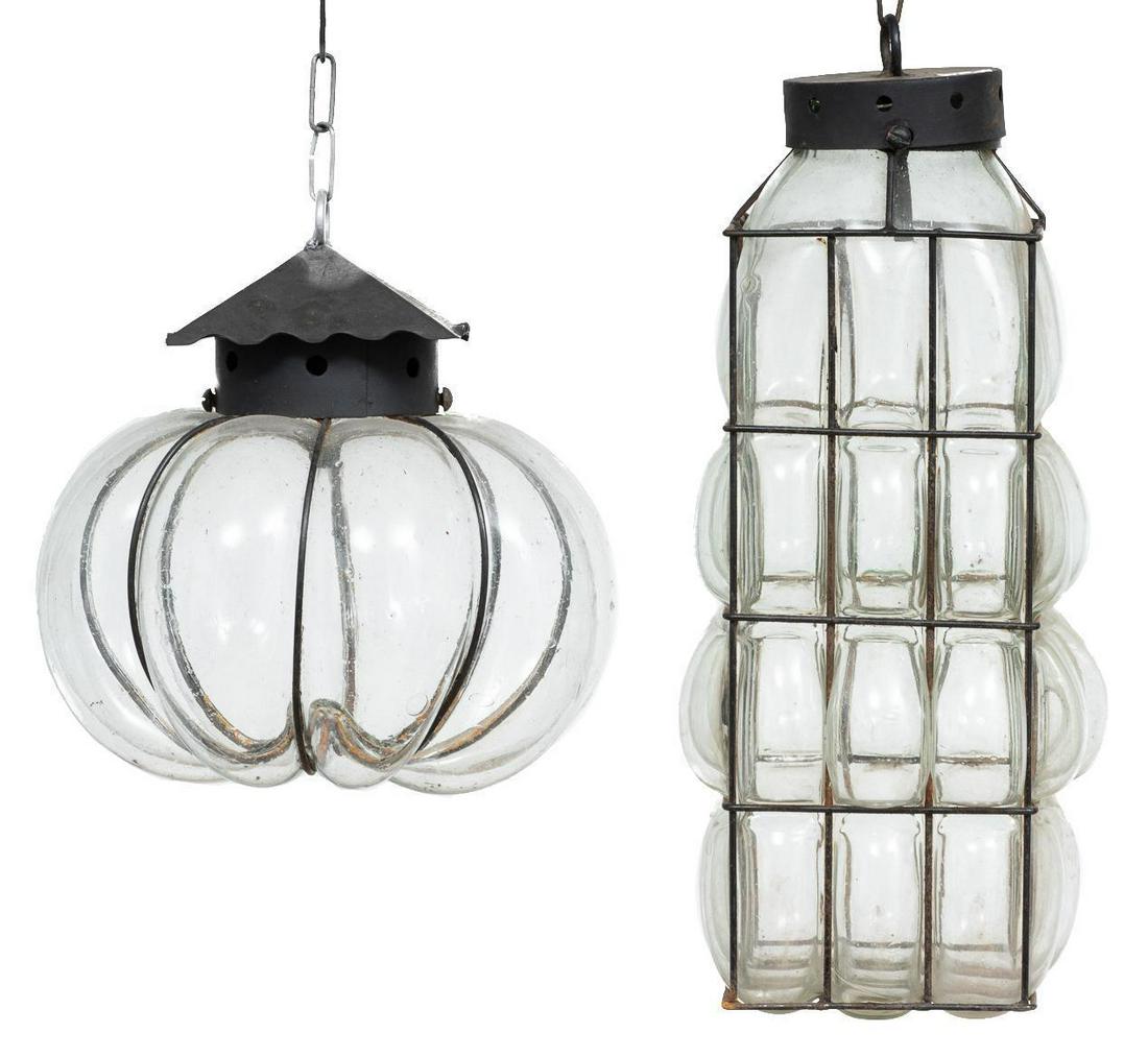 Pair of Vintage Mexican Blown Glass Chandeliers: Pair of vintage metal framed Mexican blown glass chandeliers, clear bubble glass 47"h x 12.5"w x 9.5"d/ largest Provenance: The Collection of Chris Hill (San Antonio, TX) We happily provide seamless s