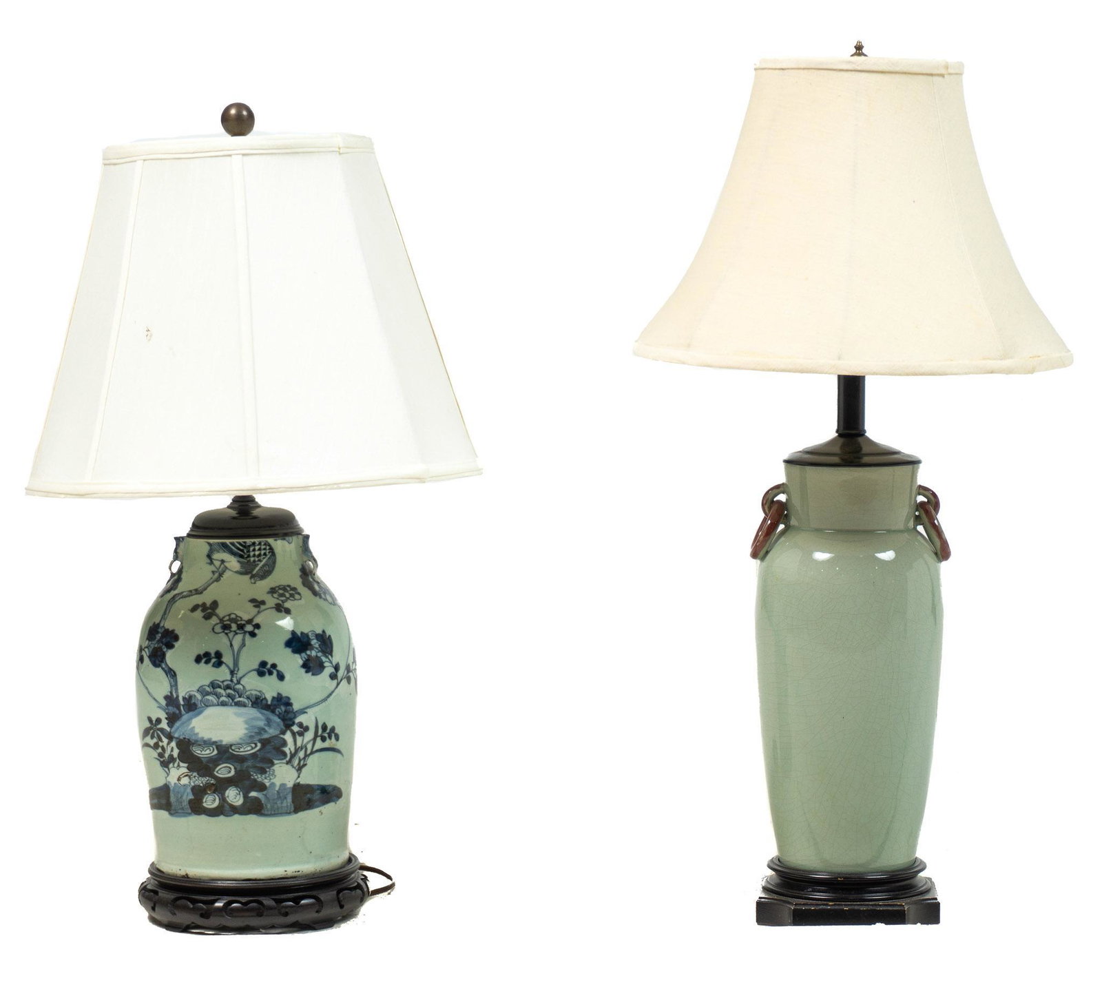 Pair of Chinoiserie Table Lamps: Pair of Chinoiserie table lamps, green ceramic, with fabric shades, in working condition 29"h x 16"d/ largest We happily provide seamless shipping services on everything we sell. Please email us at sh