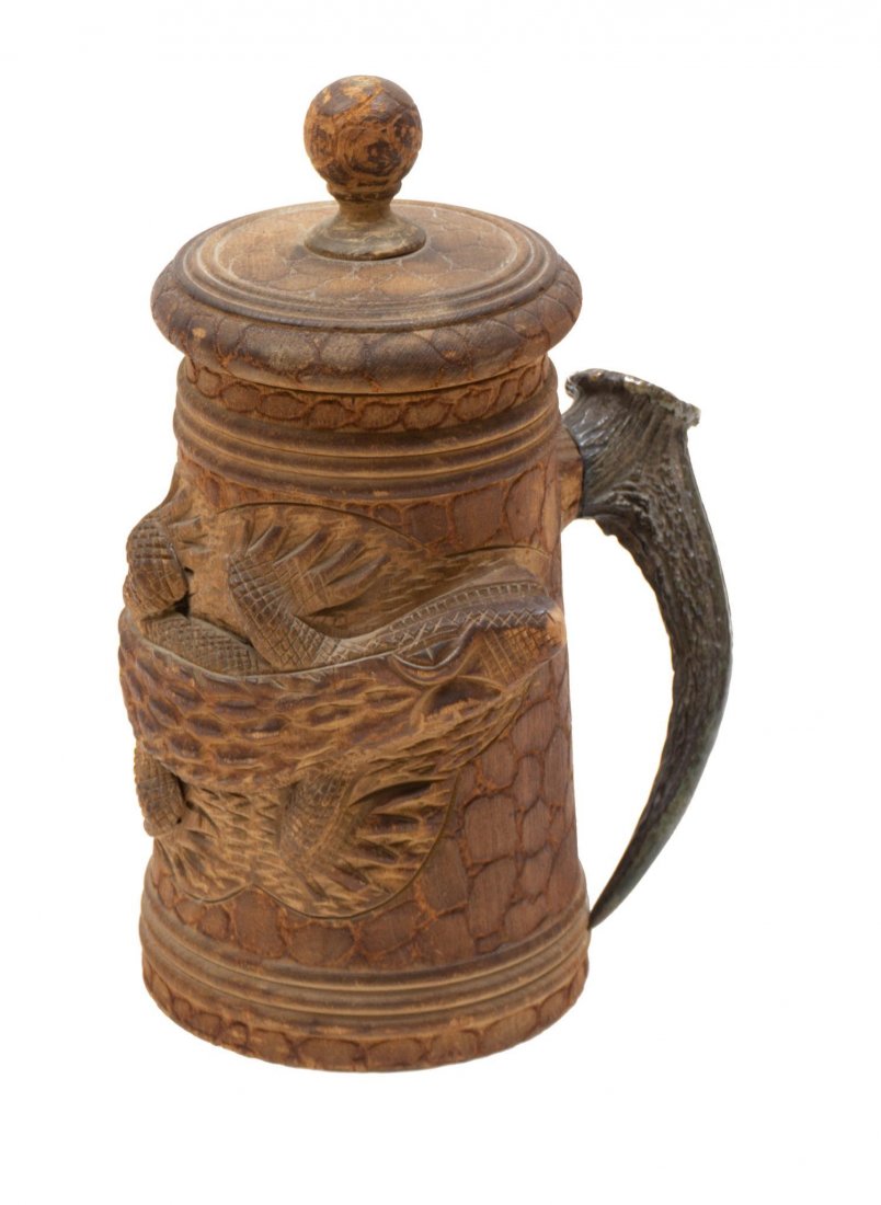 Vintage Hand Carved Stein with Deer Antler Handle (1 of 4)