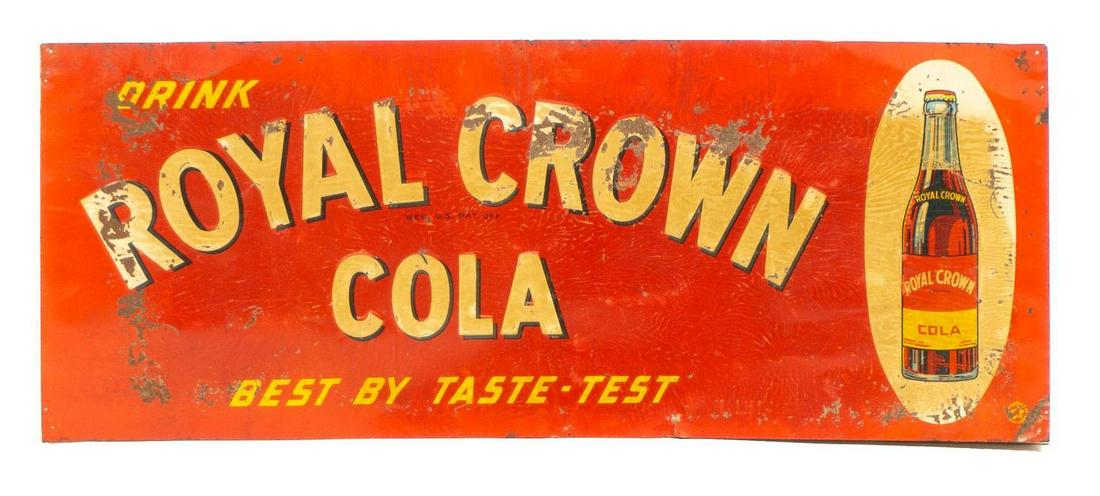 Royal Crown Cola Tin Advertising Sign: Single-sided tin advertising sign for Royal Crown Cola (more recently named RC Cola), having bottle graphic, on red background, and tagline that reads, "Drink Royal Crown Cola", "Best by taste test",