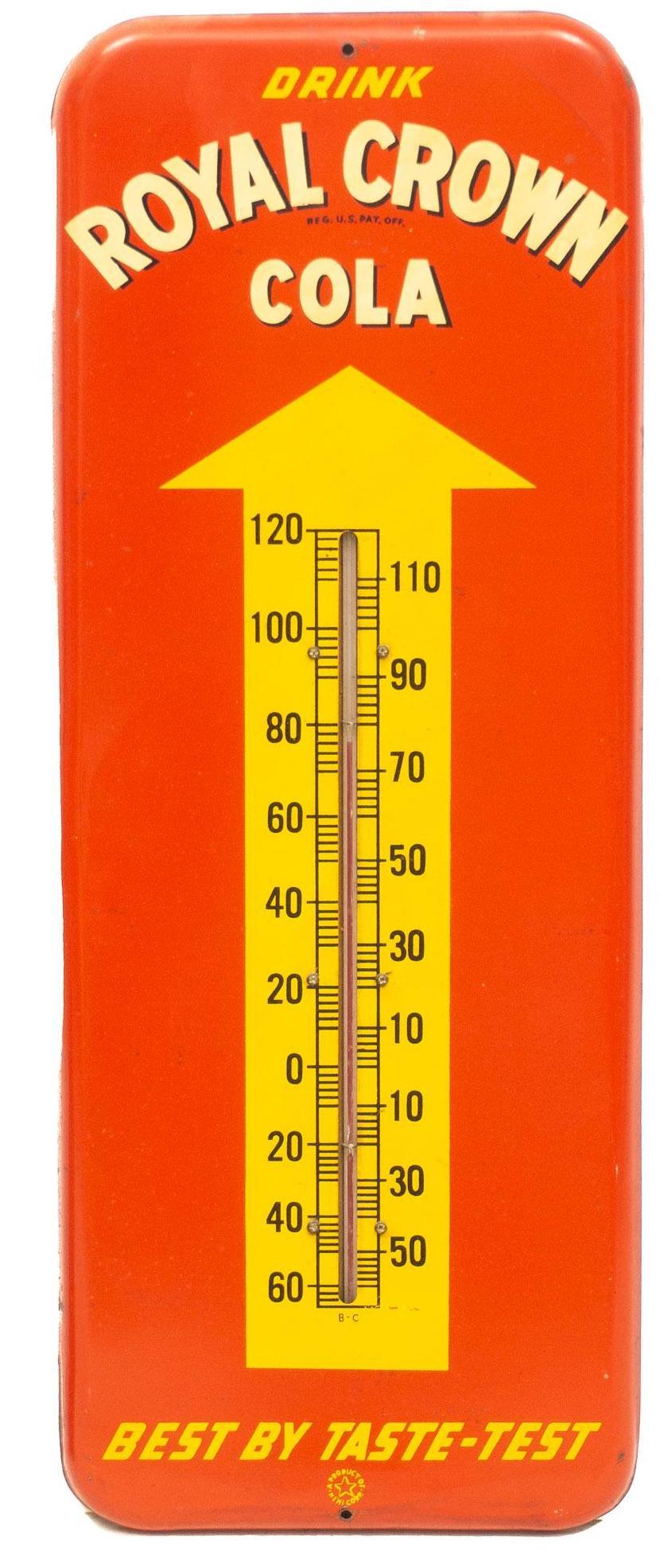 Royal Crown Cola Thermometer: Tin thermometer sign advertising Royal Crown Cola (more recently known as 'RC Cola'), featuring an upward pointing arrow containing thermometer and having tagline that reads, "Drink Royal Crown Cola",
