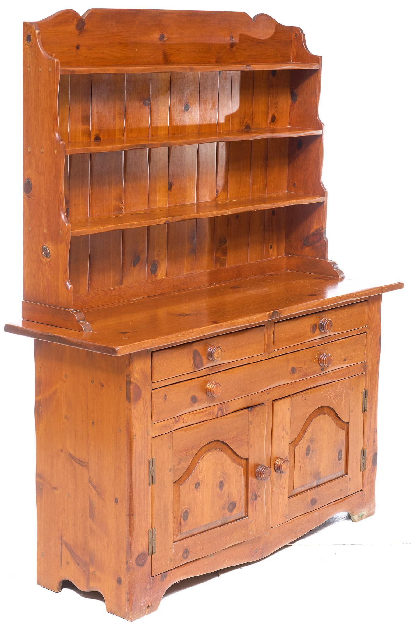 W.R. Dallas (San Antonio, TX) Hutch Cupboard: W.R. Dallas (San Antonio, TX) stepback hutch cupboard, open shelving, three drawers over doors that open to shelved interior, flanking single drop front door, separates into two parts, stamped with ma