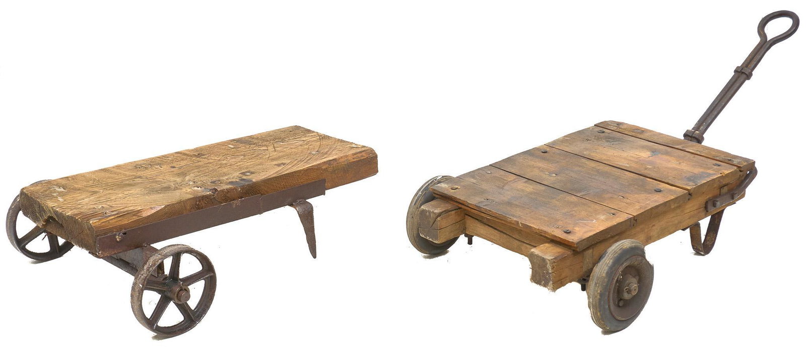 Pair of Industrial Trolleys: Pair of industrial trolleys, iron cart with wooden slats, one with pull 17.5"h x 50"w x 24.5"d/ largest We happily provide seamless shipping services on everything we sell. Please email us at shipping