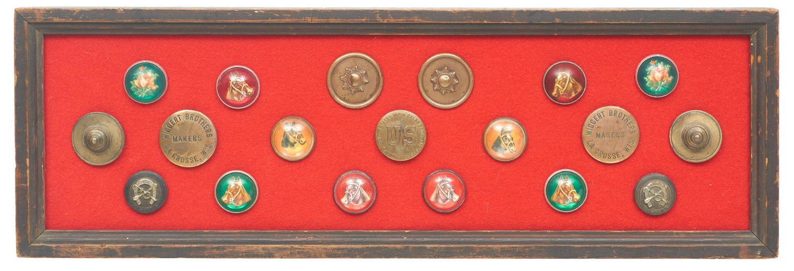 Collection of 19 Vintage Horse Competition Rosettes: Collection of nineteen vintage horse competition rosette buttons, to include metal and acrylic examples frame: 10"h x 29.5"w x 2"d Provenance: An Alamo Heights Collection We happily provide seamless s