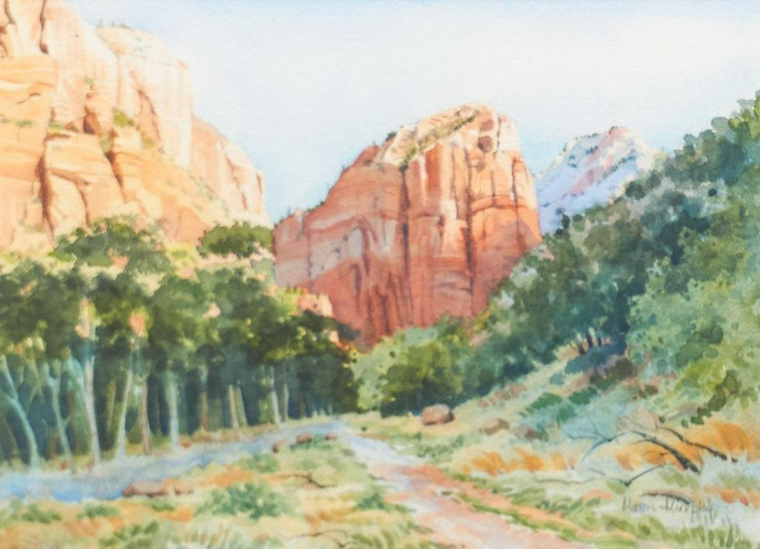 Mavis Murphy, "Zion Morning": Mavis Murphy, titled "Zion Morning", watercolor, framed frame: 16"h x 19"w Provenance: The Estate of Joan & Herbert Hahn (San Antonio, TX) We happily provide seamless shipping services on everything w