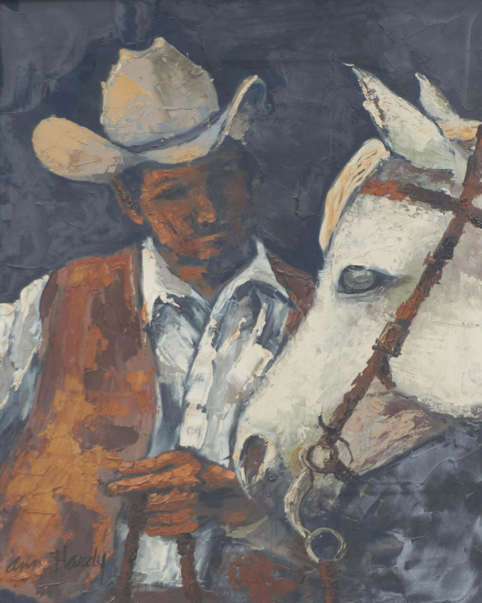 Ann Hardy, A Man and His Horse: Ann Hardy, a man and his horse, oil on board, framed frame: 27"h x 22"w Provenance: A Fort Worth, TX Estate We happily provide seamless shipping services on everything we sell. Please email us at ship
