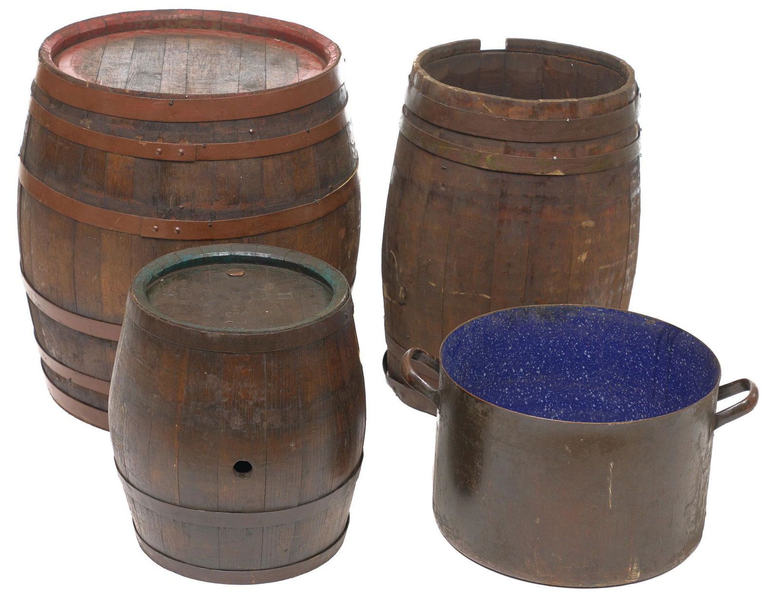 3 Rustic Banded Wooden Barrels and Metal Pot (1 of 4)