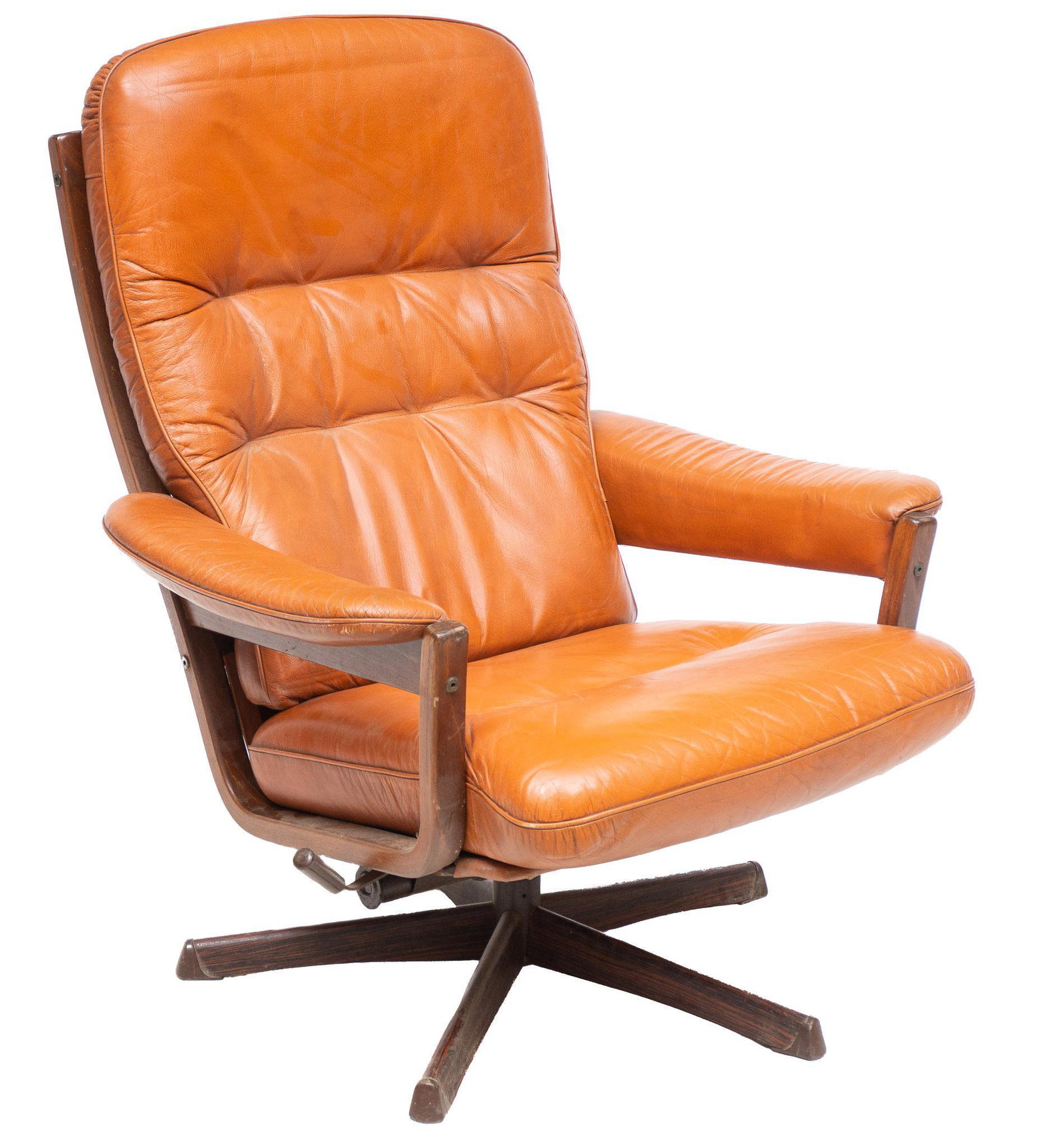 Danish Mid-Century Leather Executive Office Chair: Danish Mid-Century executive office chair, having light brown leather buttoned upholstery, wooden arms, rising on swivel base 38"h x 30"w x 35"d We happily provide seamless shipping services on everyt