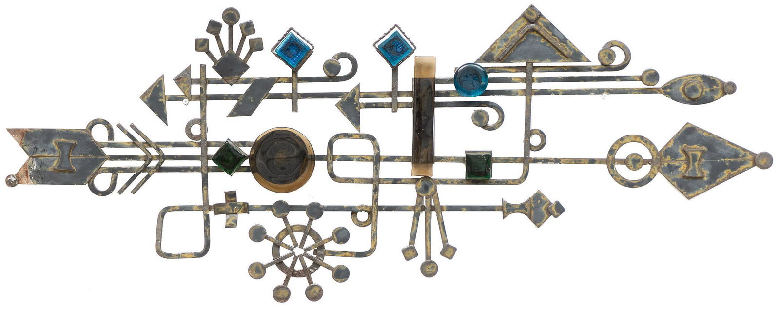 After C. Jere (1910-2008), Welded Metal and Glass: After C. Jere (1910-2008), welded metal and colored glass wall sculpture, Mid-Century Modern art 16"h x 43.5"w x 2.5"d We happily provide seamless shipping services on everything we sell. Please email