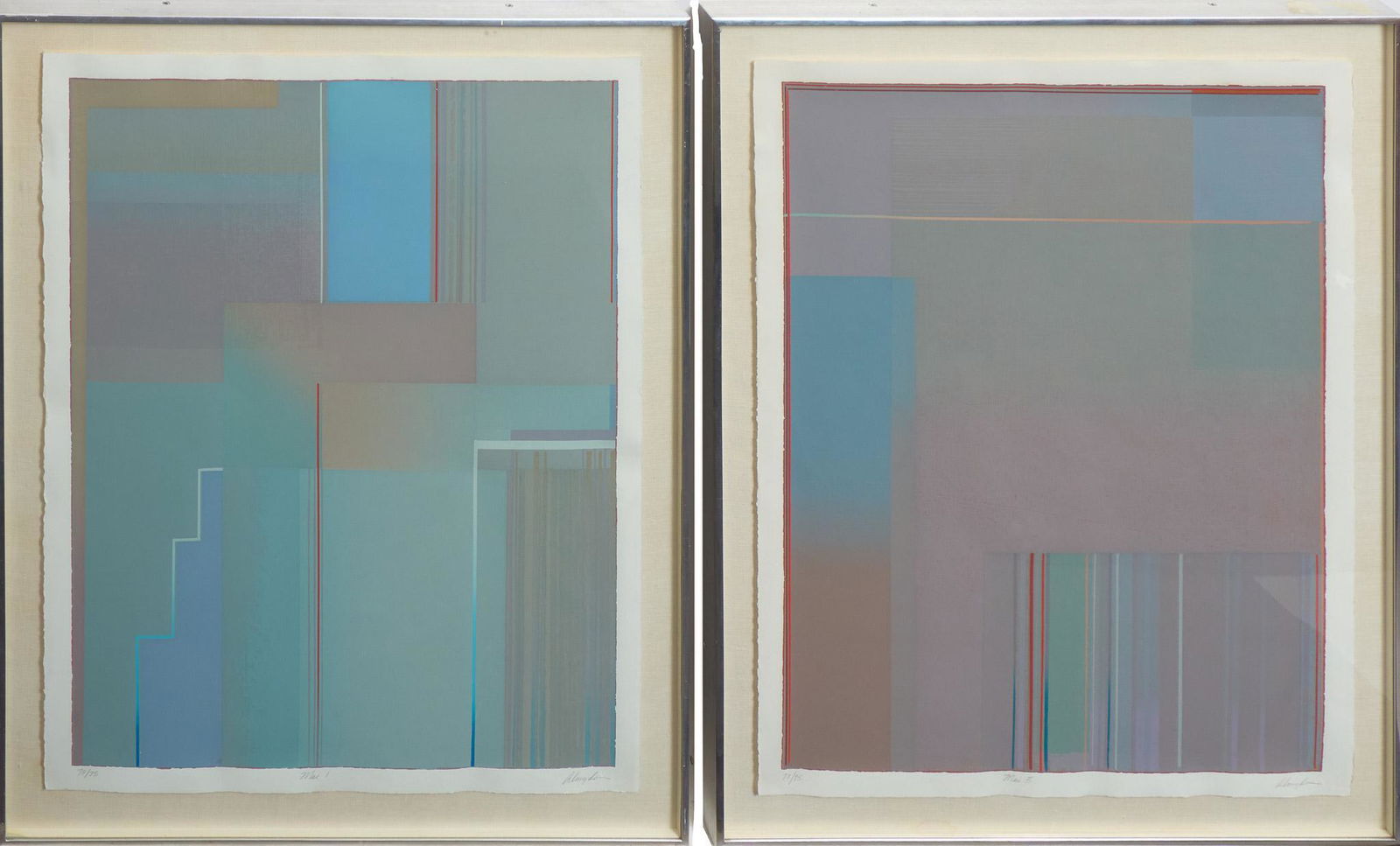 Joseph Almyda (1927-2011, FL), "Mail I", 73/75, "Mail: Joseph Almyda (1927-2011, Flordia), pair, titled "Mail I", numbered 73/75, titled "Mail II", numbered 71/75, serigraph, framed frame: 34"h x 26"w x 1.5"d/ each Provenance: A Prominent Texas Bank Cor