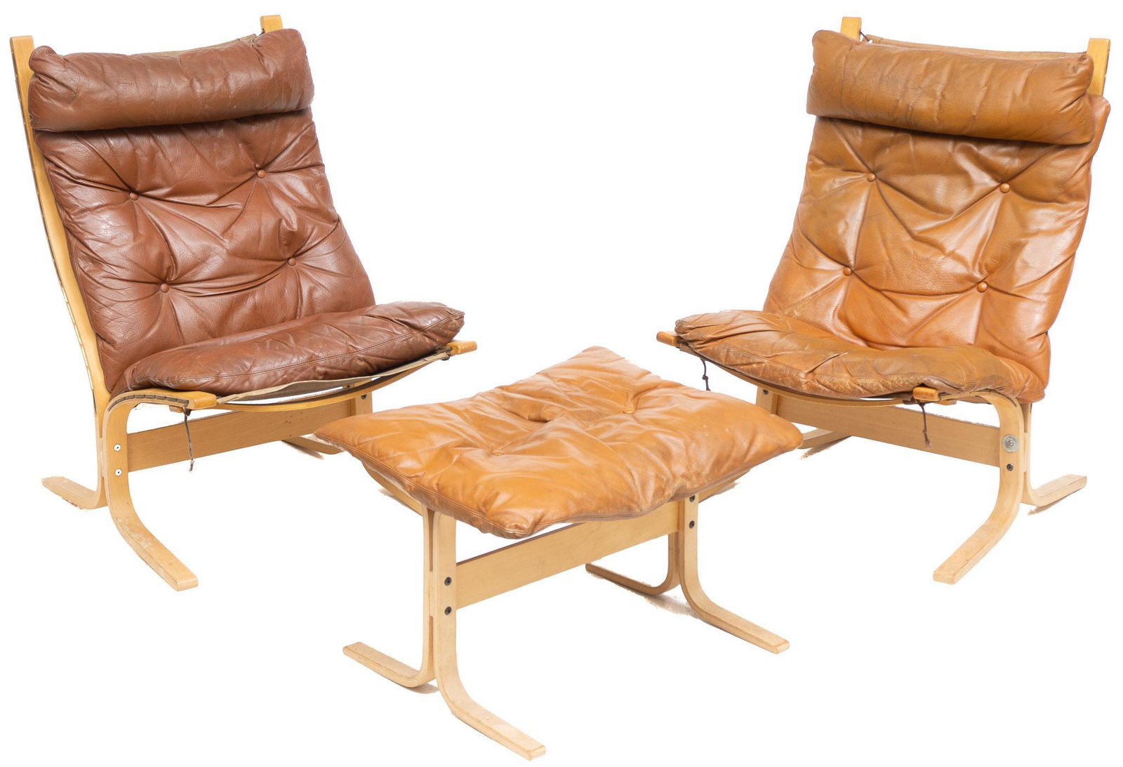 Pair of Danish Mid-Century Leather Chairs and Ottoman (1 of 6)