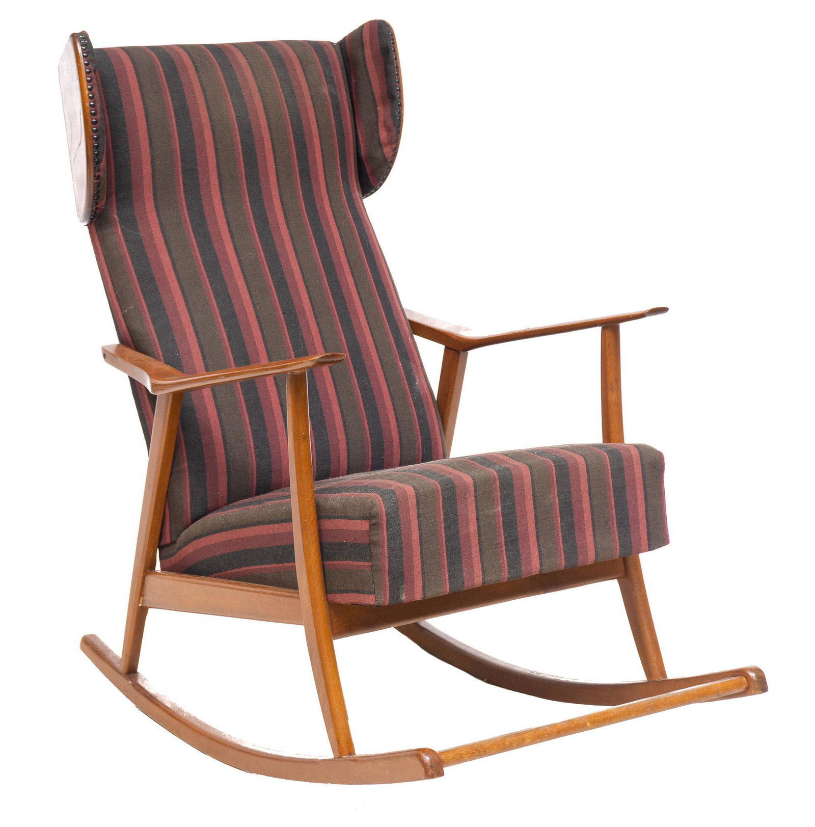 Mid-Century Danish Rocking Chair: Danish Mid-Century rocking lounge chair, having wingback wooden frame with striped upholstery, bent wood rocking base with footrest 41"h x 23.5"w x 37"d We happily provide seamless shipping services o