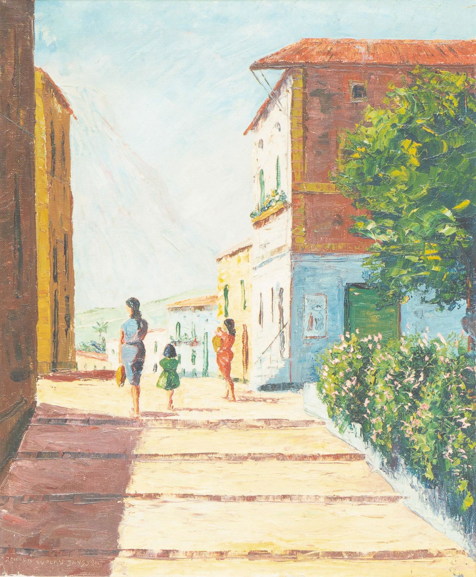 Jorgen L. Janssen (b. 1912, Denmark), Italian Town: Jorgen Luplau Janssen (b. 1912, Denmark), Italian town, oil on canvas, framed frame: 29"h x 25"w We happily provide seamless shipping services on everything we sell. Please email us at shipping@vogt