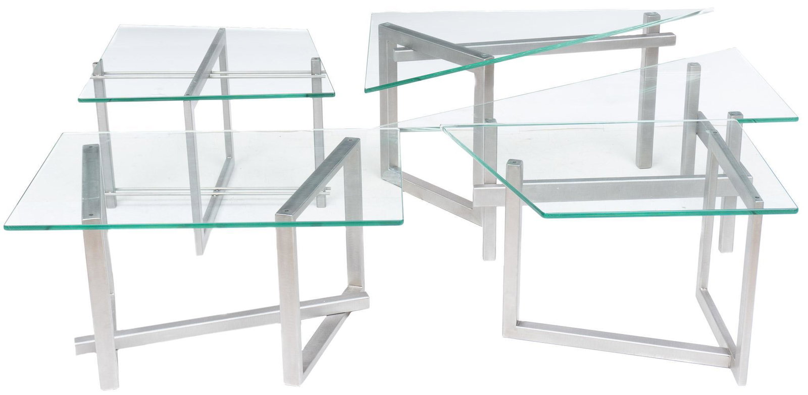 Collection of 5 Modern Metal and Glass Top Tables: Collection of five Modern side tables, each having a metal frame with glass top, in modular design 18.5"h x 37"w x 25"d/ largest Provenance: The Estate of Barbara "Babs" Baugh (San Antonio, Texas) We 
