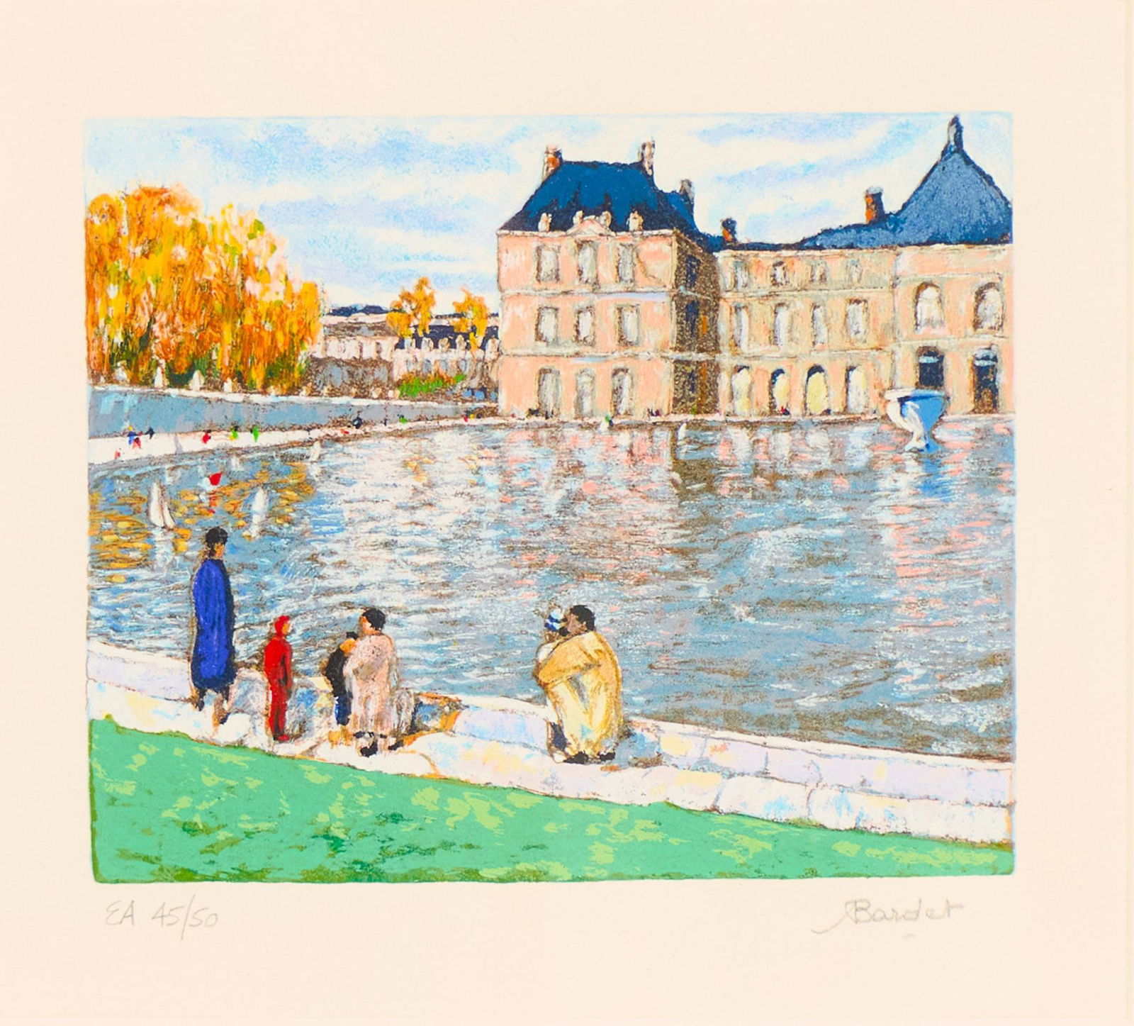 Andre Bardet (b. 1911), "Le Bassin", 1994: Andre Bardet (b. 1911), titled "Le Bassin", dated 1994, signed serigraph, numbered 45/50, framed frame: 17"h x 18"w Provenance: A San Antonio, TX Estate We happily provide seamless shipping service