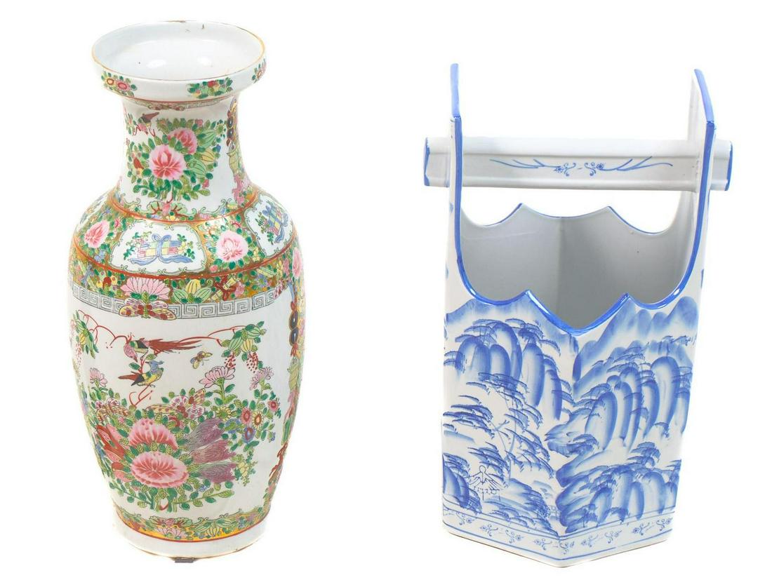 Chinese Porcelain Vase and Well Bucket: Chinese porcelain vase, having colorful classical floral and bird motif, with blue and white well bucket having classical landscape motif 18.5"h x 9"d/ largest Provenance: A San Antonio, TX Estate Con