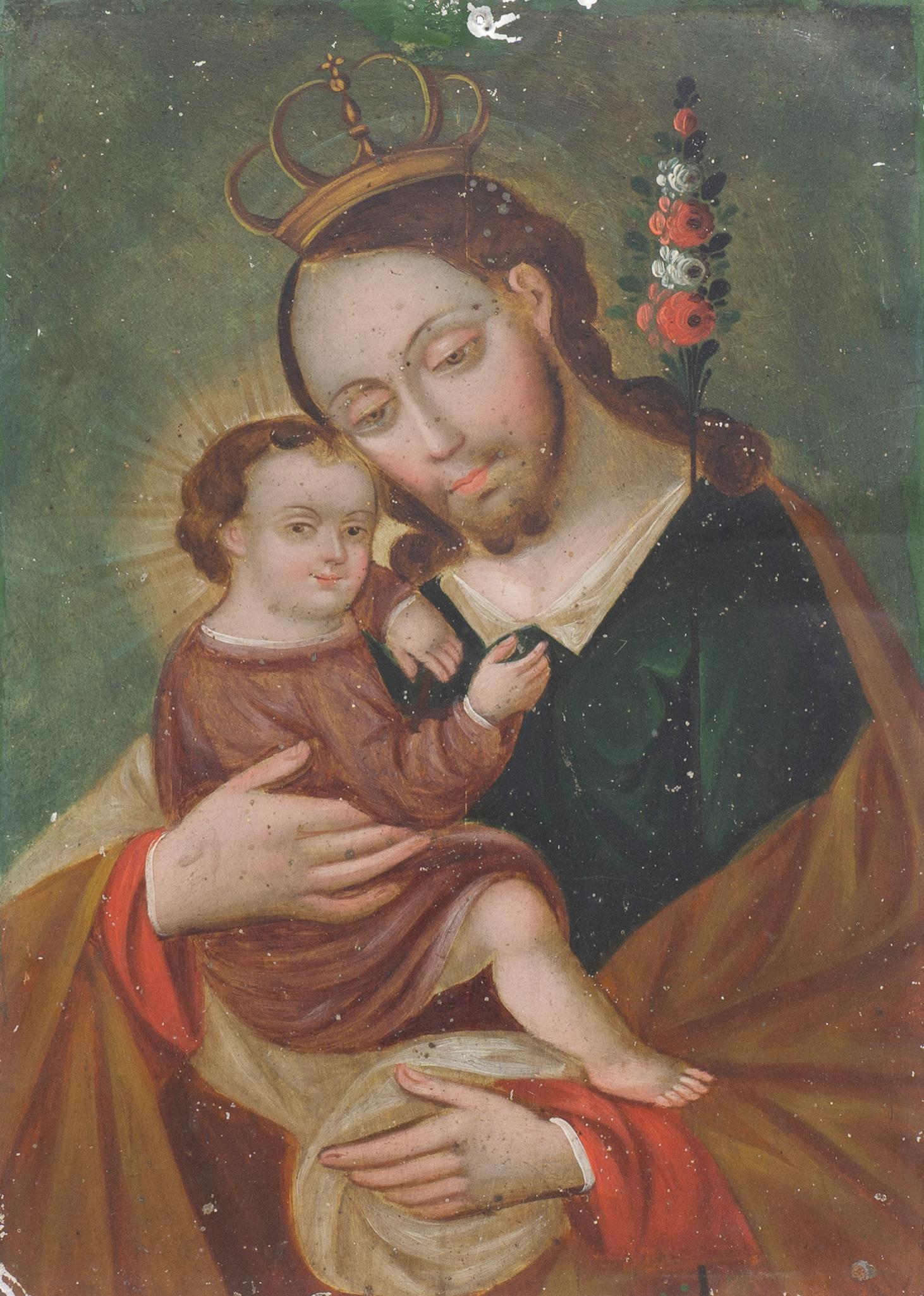 Spanish Colonial Era Retablo, Saint Joseph and Christ (1 of 3)