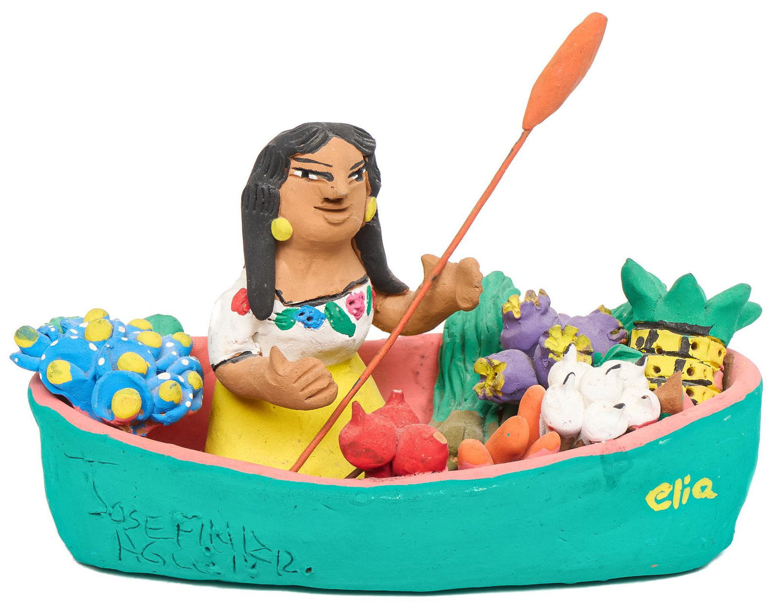 Josefina Aguilar (b. 1945, MEX) "Elia": Josefina Aguilar (b. 1945, Mexico), titled "Elia", pottery sculpture of a woman rowing a boat full of produce 5"h x 8"w x 3"d Provenance: A Tomball, Texas collection We happily provide seamless shippi