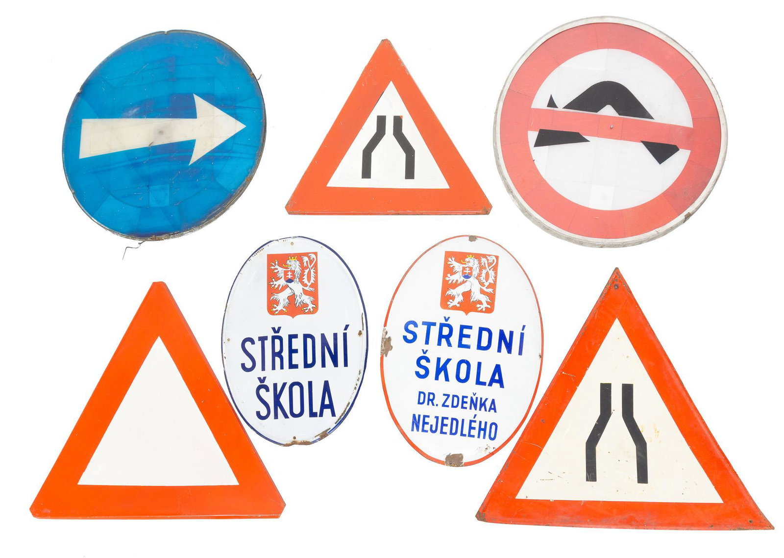 Collection of 7 Vintage Czech Road Signs: Collection of seven vintage metal and enamel Czech road signs 28"h x 28"w/ largest We happily provide seamless shipping services on everything we sell. Please email us at shipping@vogtauction.com or c