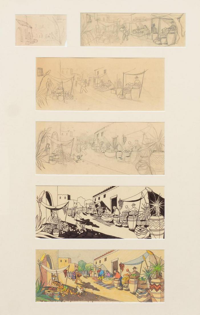 Collection of 6 Mexican Comic Sketch Plots: Unknown artist, collection of six Mexican comic sketching drafts portraying the creative process, graphite/ink/pastel on paper, framed frame: 45"h x 29"w Provenance: A Timberwood Park, Texas collecti