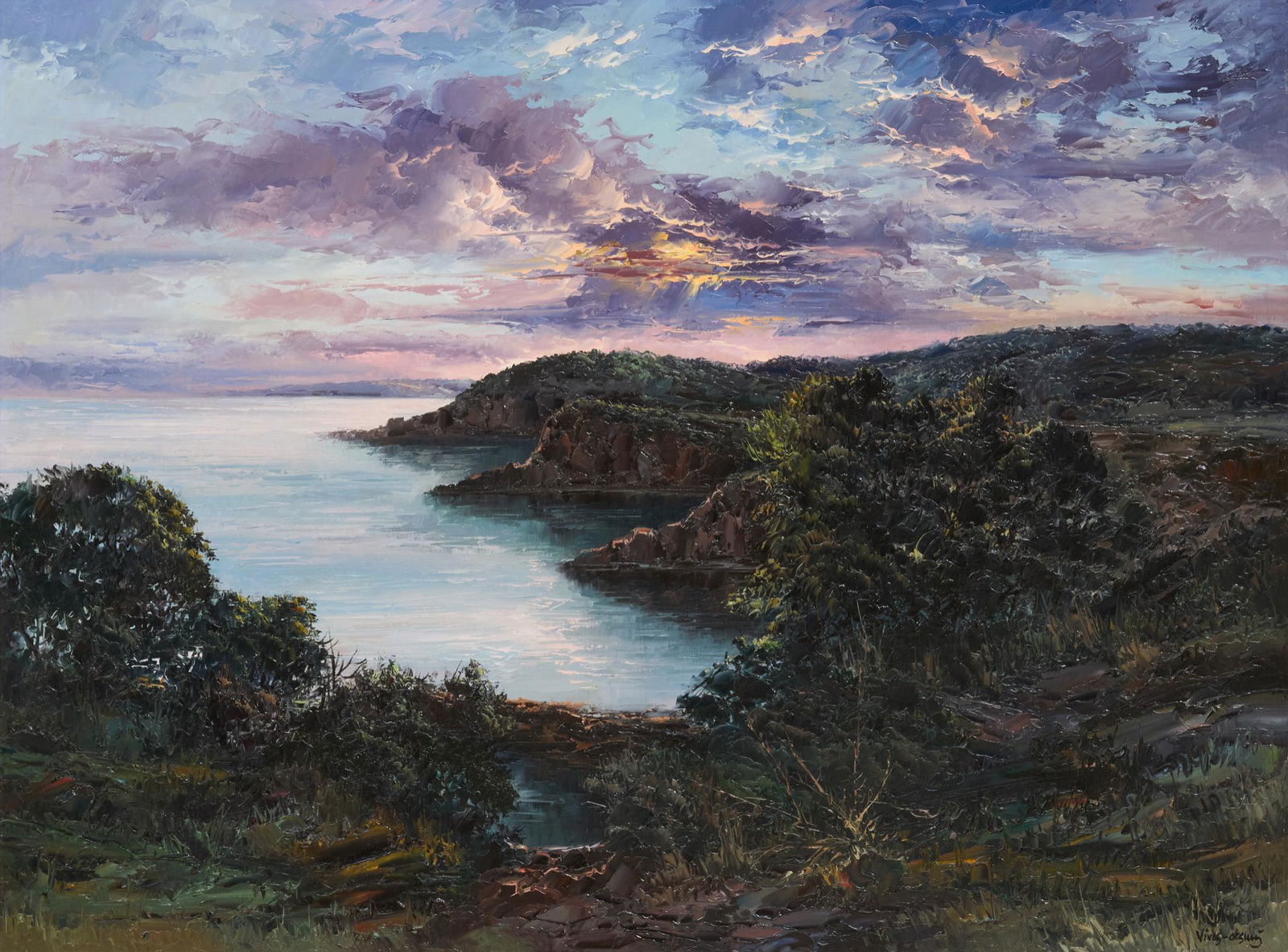 Jose Vives-Atsara (1919-2004), "Sunset, Costa Brava,: Jose Vives-Atsara (1919-2004), "Sunset, Costa Brava, Spain", 1977-78, oil on canvas, 30 x 40", frame: 39.5 x 50" Provenance: A Montgomery, Texas collection A native Spaniard, Vives-Atsara developed