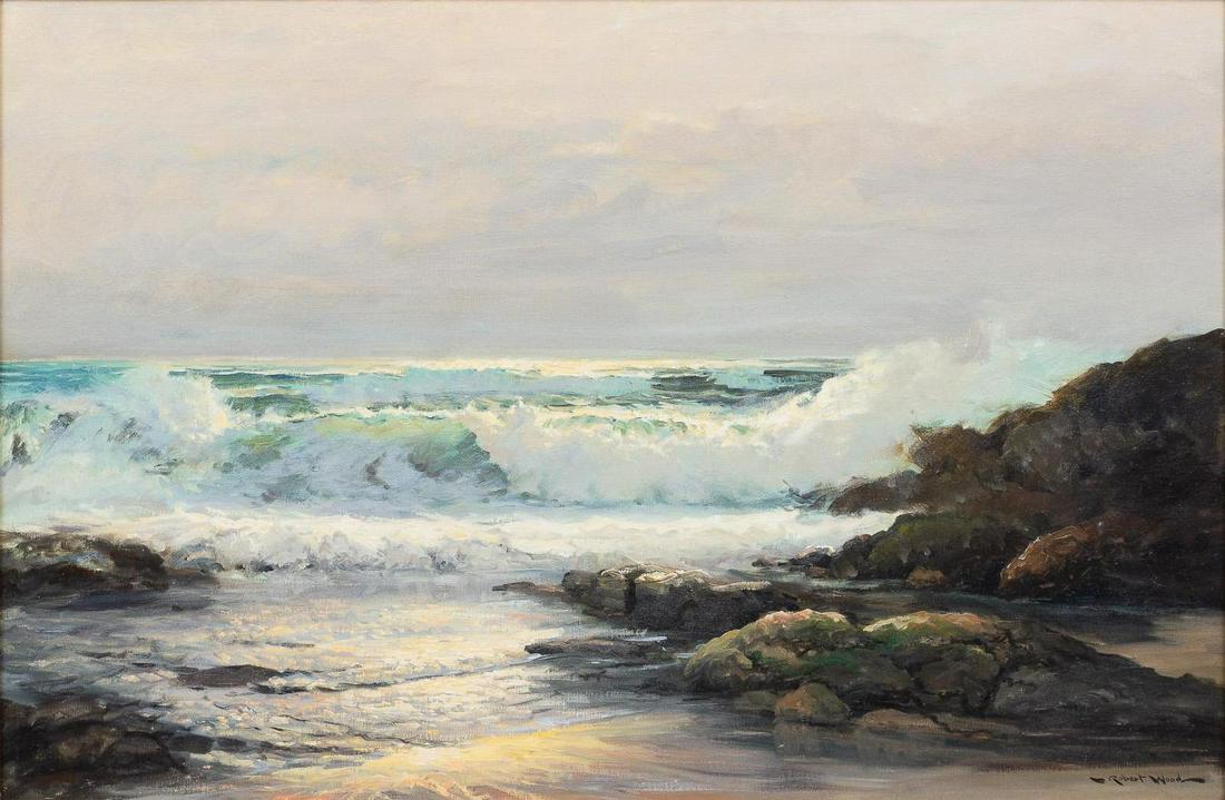 Robert Wood (1889-1979), "Sea Shore Splendor": Robert Wood (1889-1979), "Sea Shore Splendor", oil on canvas, 24 x 36", frame: 34 x 46" Provenance: Property from a Texas Hill Country collection A painter of realistic landscapes reflecting a vani