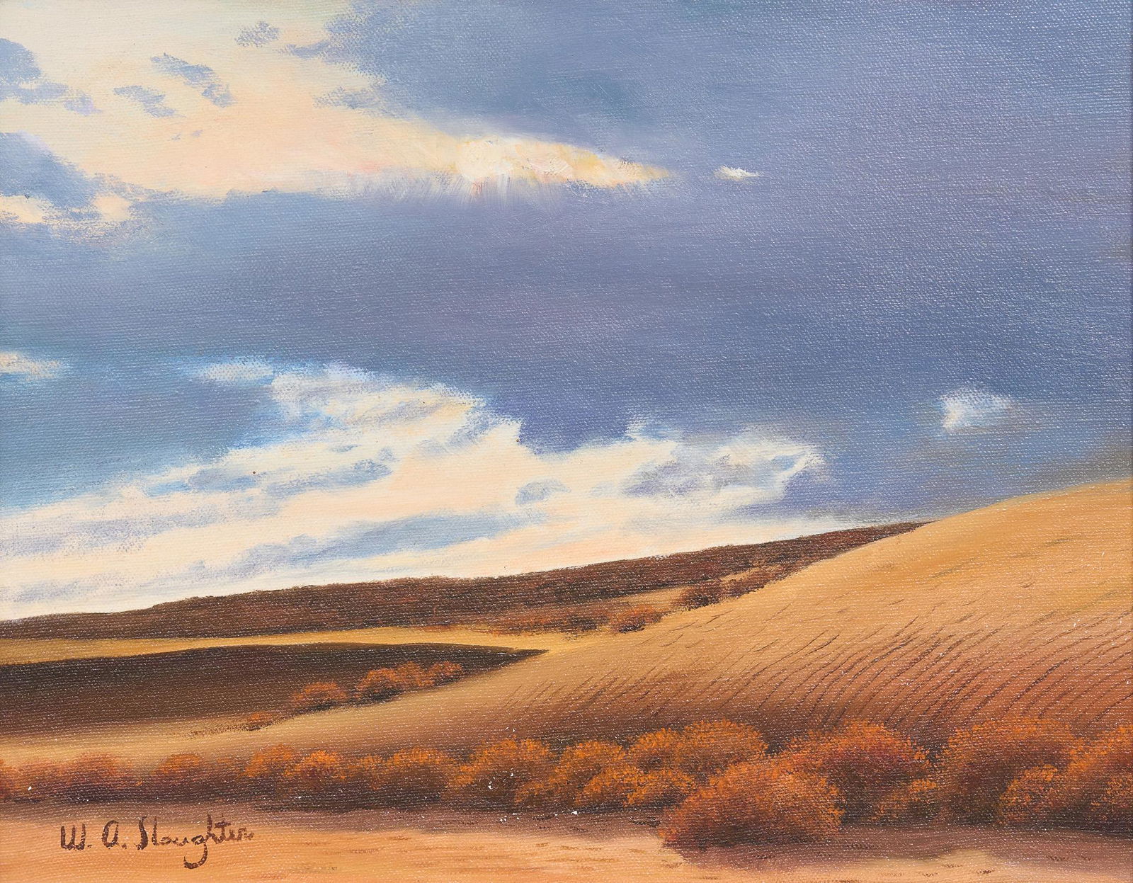 William A. Slaughter (1923-2003), Rolling Hills: William A. Slaughter (1923-2003), Rolling Hills, oil on canvas, 11 x 14", frame: 16.5 x 19.5" Provenance: A Montgomery, Texas collection William A. Slaughter was born in San Antonio. His first cal
