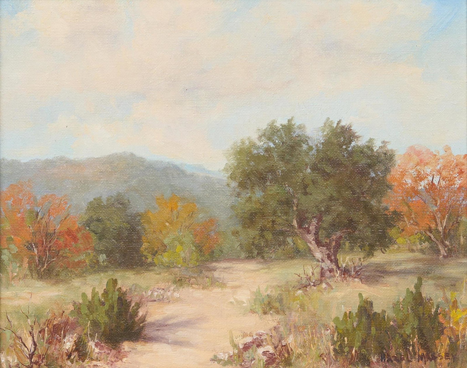 Hazel Massey (1907-1990), Oaks in Autumn: Hazel Massey (1907-1990), Oaks in Autumn, oil on board, 8 x 10", frame: 13 x 15" Provenance: A San Antonio, Texas collection Hazel Massey was born in Brownsville, Texas in 1907. Known for her impres