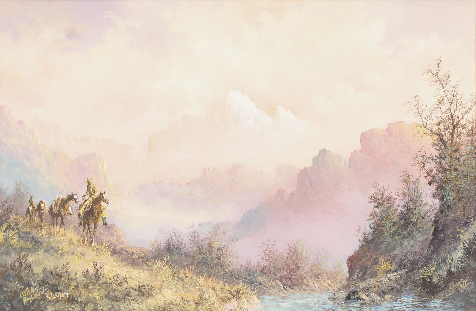 Lester Hughes (b. 1940), Cowboys, 1989: Lester Hughes (b. 1940), Cowboys, 1989, oil on canvas, 24 x 36", frame: 29.5 x 41.5" Provenance: A Sunland Park, New Mexico collection From El Paso, Texas, Lester Hughes is a self-taught artist who