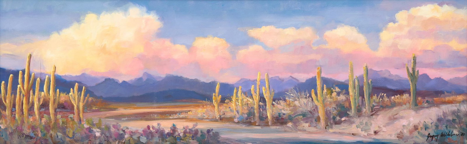 Gregory Wilhelmi, "Leaving Arizona", 2010: Gregory Wilhelmi, "Leaving Arizona", 2010, oil on canvas, 12 x 26", frame: 21.5 x 45.5" Provenance: An Austin, Texas collection