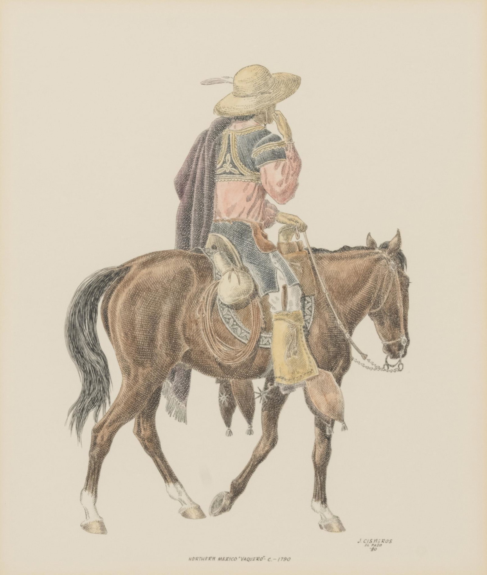 Jose Cisneros (1910-2009), "Northern Mexico 'Vaquero': Jose Cisneros (1910-2009), "Northern Mexico 'Vaquero' c. 1790", 1980, mixed media, sight: 13 x 10.75", frame: 22.5 x 18.75" Provenance: A Fredericksburg, Texas collection