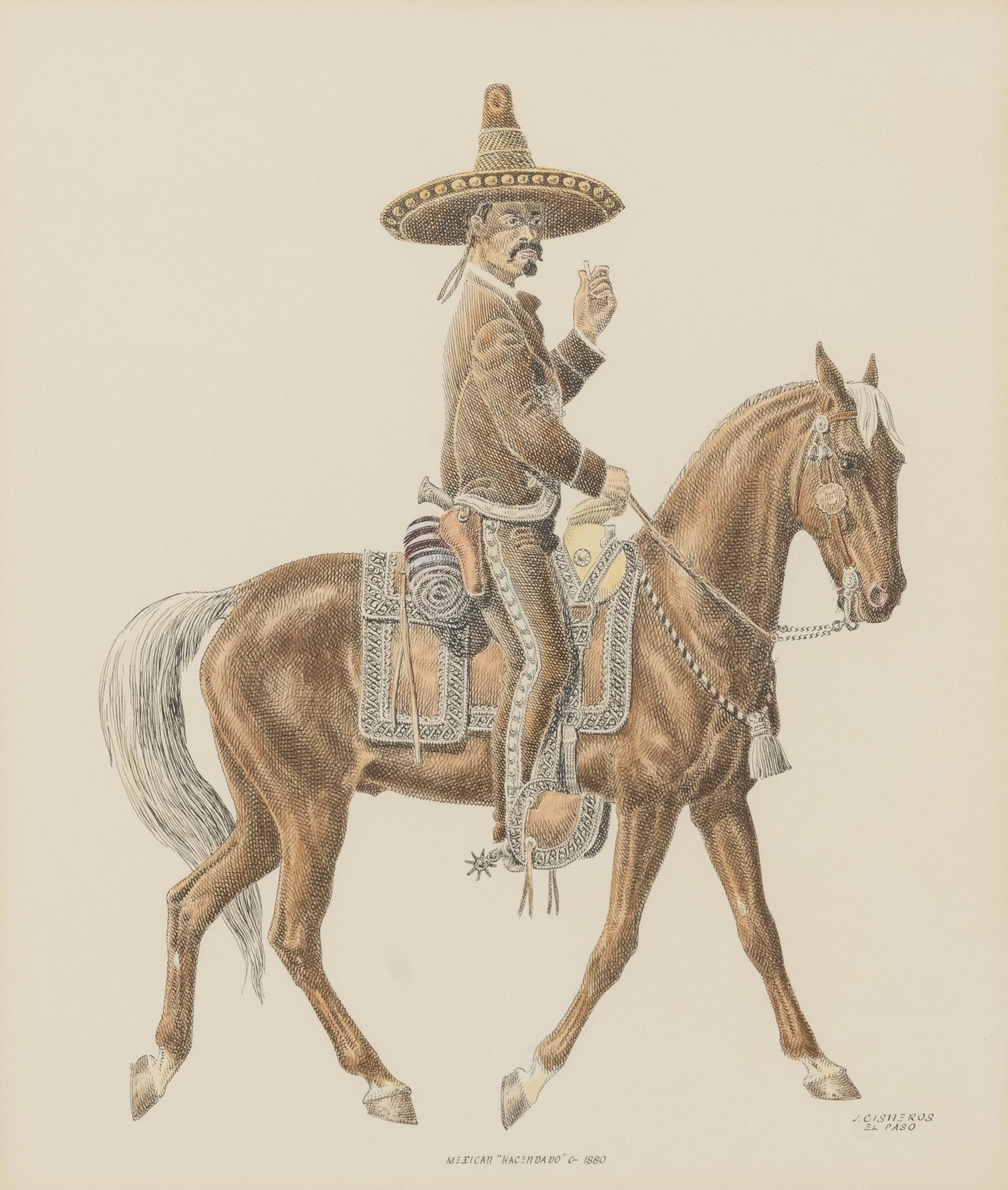 Jose Cisneros (1910-2009), "Mexican 'Hacendado' c.: Jose Cisneros (1910-2009), "Mexican 'Hacendado' c. 1880", mixed media, sight: 13 x 10.75", frame: 22.5 x 18.75" Provenance: A Fredericksburg, Texas collection