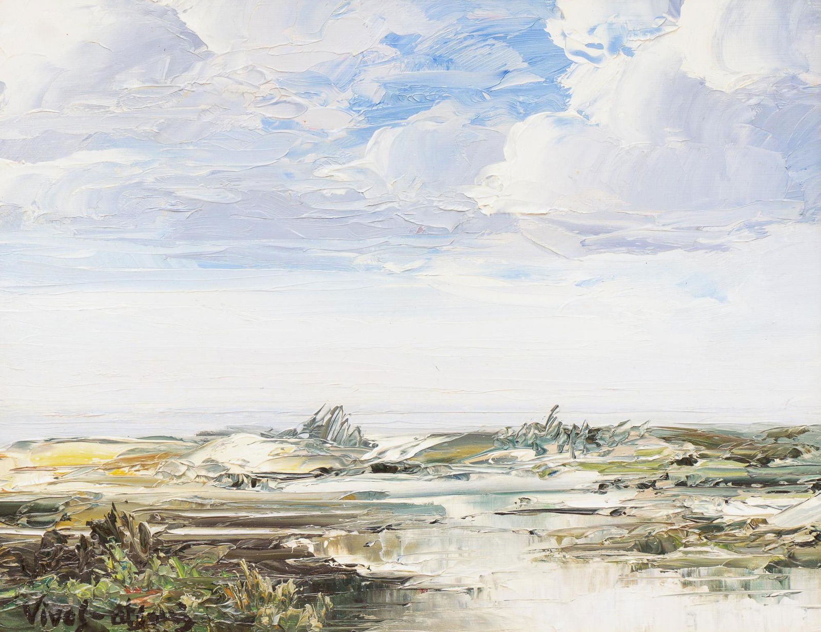 Jose Vives-Atsara, "South Padre", 1966: Jose Vives-Atsara (1919-2004), "South Padre", 1966, oil on board, 8 x 10", frame: 13.5 x 15.5" Provenance: A Hebbronville, Texas Estate A native Spaniard, Vives-Atsara developed a love of painting a