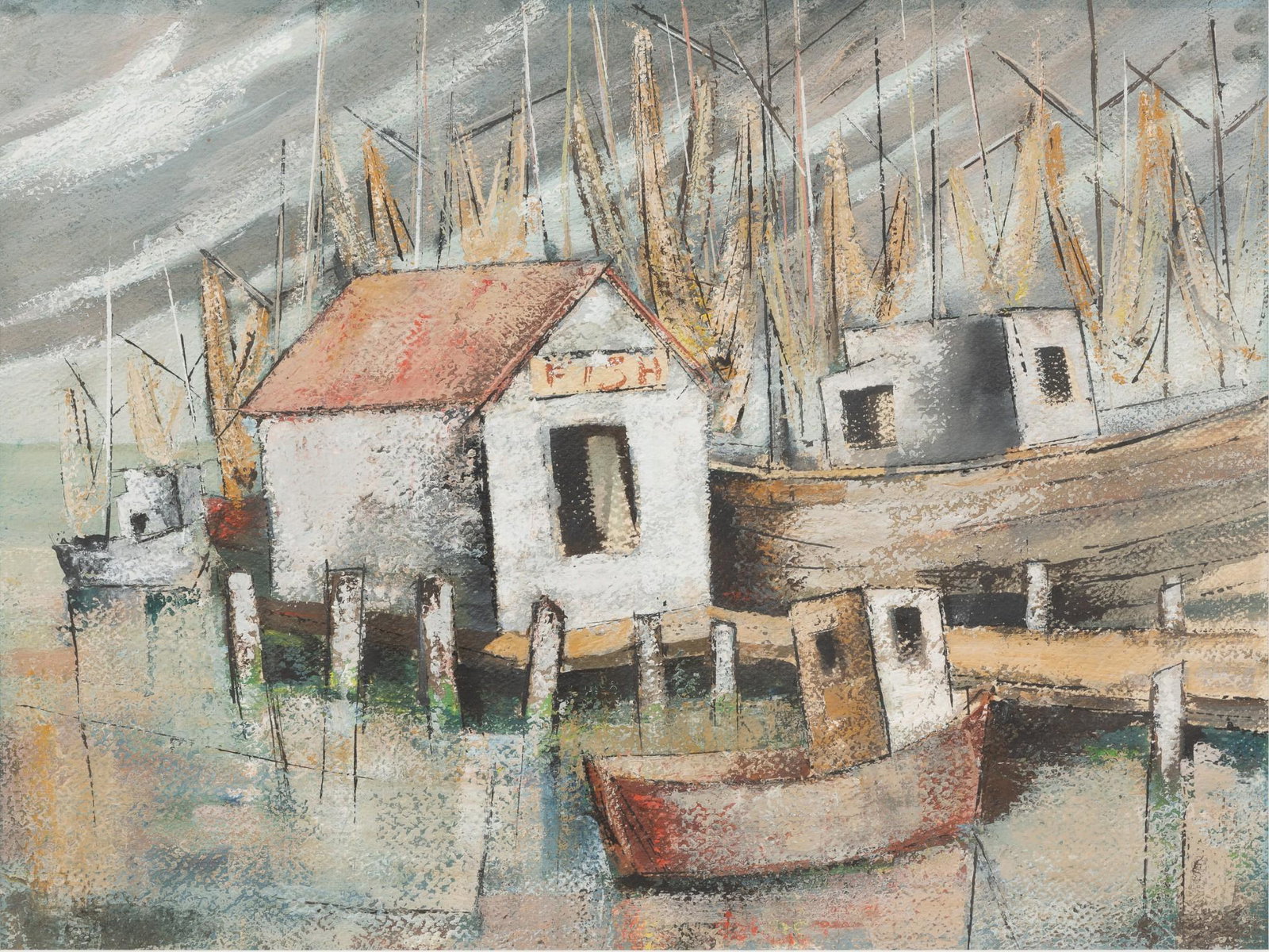 Margaret Tupper (1887-1979), "Fishing Shack": Margaret Tupper (1887-1979), "Fishing Shack", watercolor, sight: 15 x 20", frame: 23 x 28" Provenance: A San Antonio, Texas collection Born in San Angelo, Texas, Margaret Tupper became a landscape pai