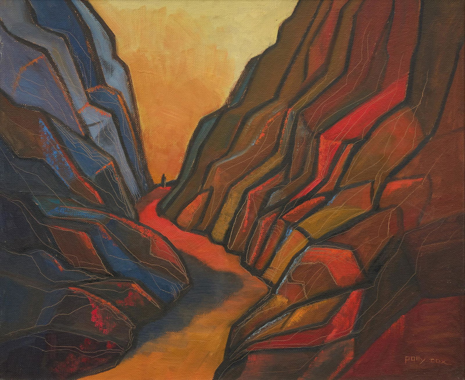 Polly Cox (1921-2005), "Valley of the Shadow", 1964: Polly Cox (1921-2005), "Valley of the Shadow", 1964, oil on board, 20 x 24", frame: 25 x 29" Provenance: A Tomball, Texas collection Polly Hoffman Cox was born in Wichita Falls, Texas, in 1921. She