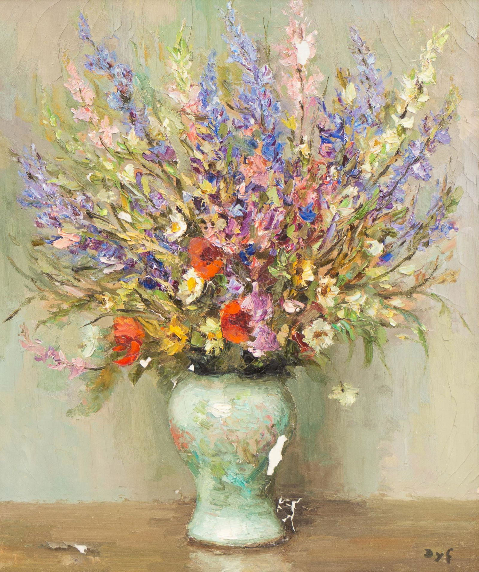 Marcel Dyf, "Poppies and Larkspur", 1969: Marcel Dyf (1899-1985, France), "Poppies and Larkspur" or "Coquelicots et pieds d'alouette", dated 1969, oil on canvas frame: 38.5"h x 33"w Provenance: The William and Mary Anne Hudson Estat