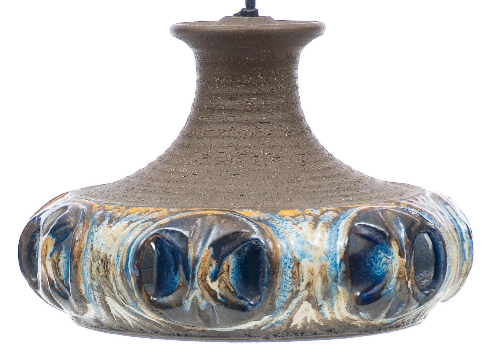 Mid-Century Pottery Chandelier: Mid-Century pottery chandelier, having blue and tan glazed accents with perforations 7.5"h x 11"d Provenance: A Rockport, TX Collection We happily provide seamless shipping services on everyth