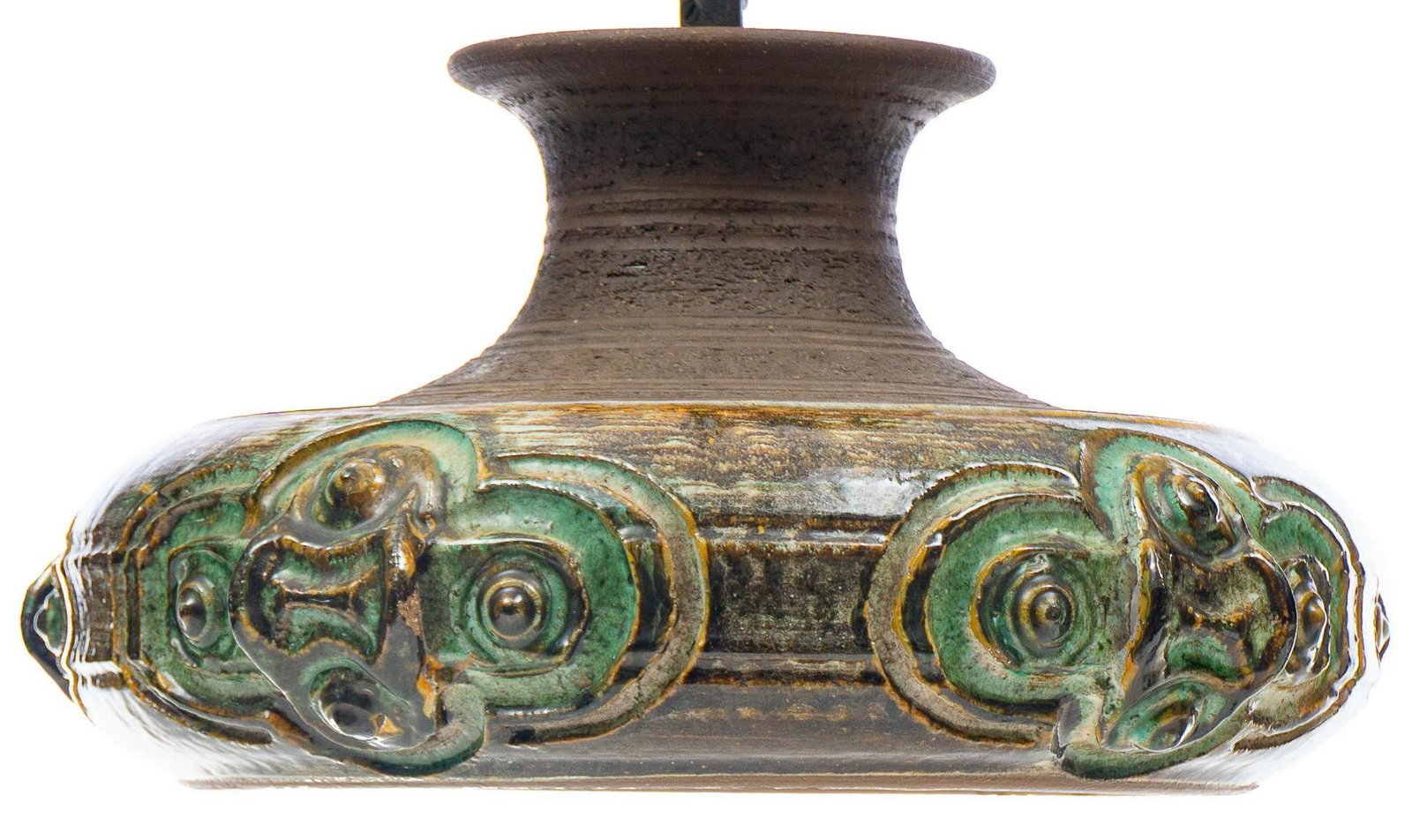 Mid-Century Pottery Chandelier: Mid-Century pottery chandelier, having colorful glazed accents with perforations 7.5"h x 13.5"d Provenance: A Rockport, TX Collection We happily provide seamless shipping services on everythin