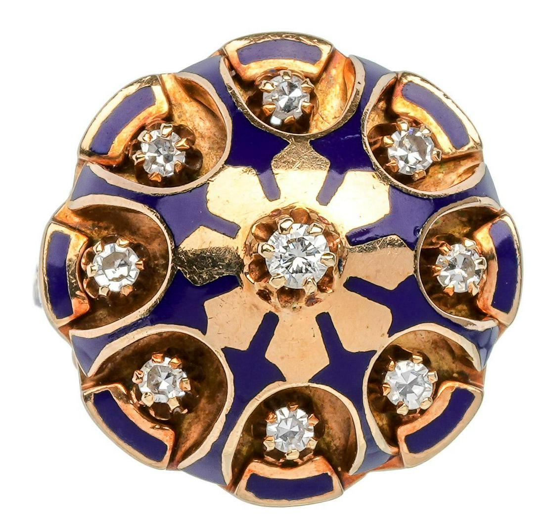 Vintage Diamond Cobalt Enamel Flower 14k Gold Ring (1 of 4)