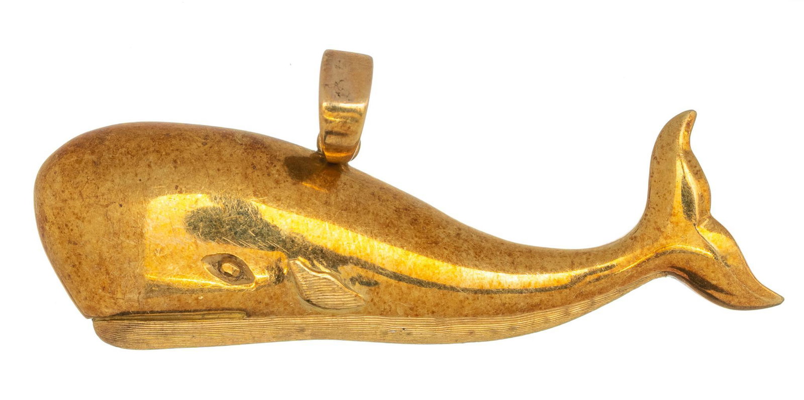 18k Gold Whale Pendant: Vintage brushed and polished 18k yellow gold whale pendant Length 2 1/4", total weight: 13.9 grams Provenance: The Estate of Joseph H. Frost III, San Antonio, Texas We happily provide seamless shi