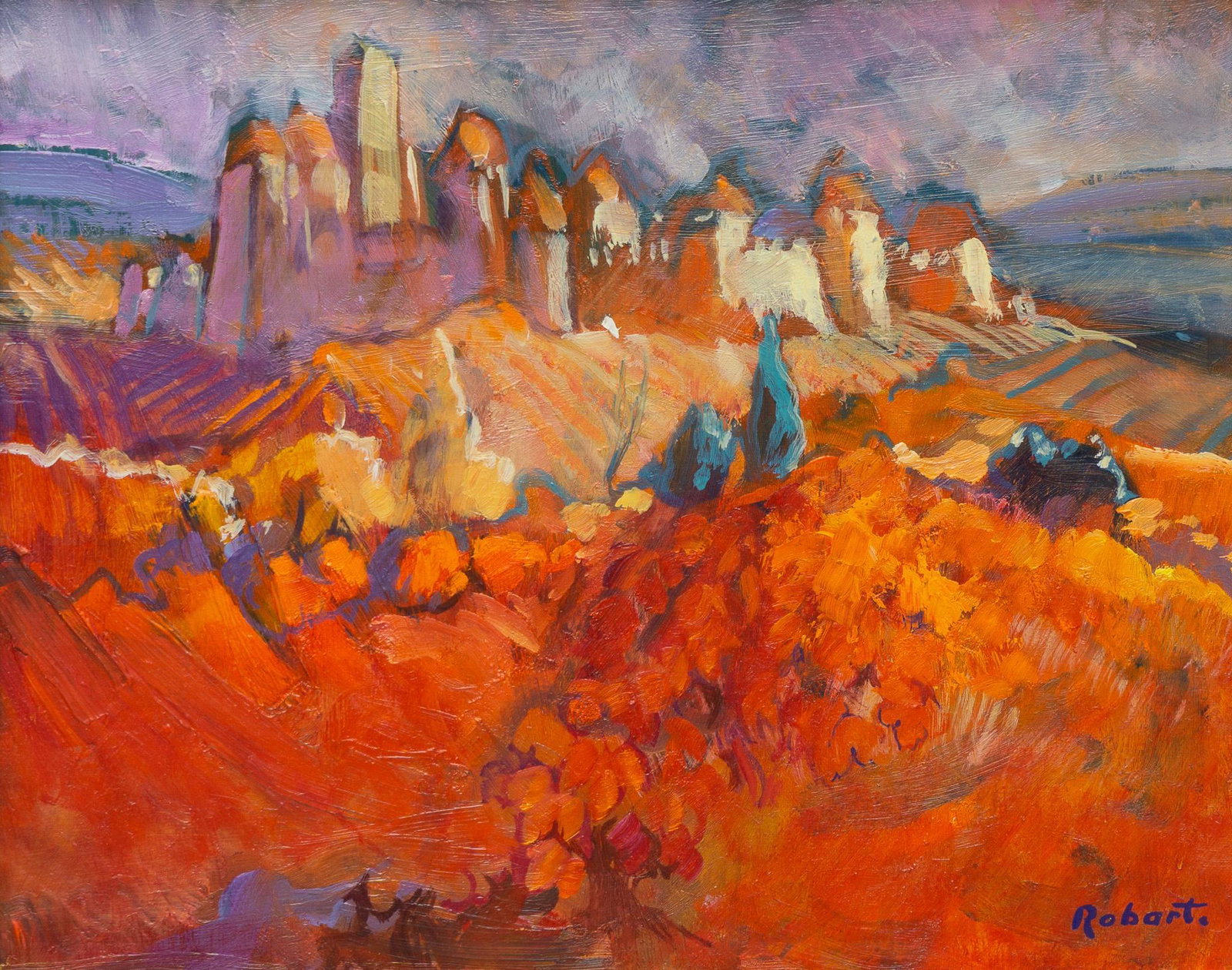 Patrick Robart, City on a Hill: Patrick Robart, city on a hill, oil on canvas, framed frame: 14"h x 15.5"w Provenance: The Estate of Barbara "Babs" Baugh (San Antonio, Texas) We happily provide seamless shipping serv