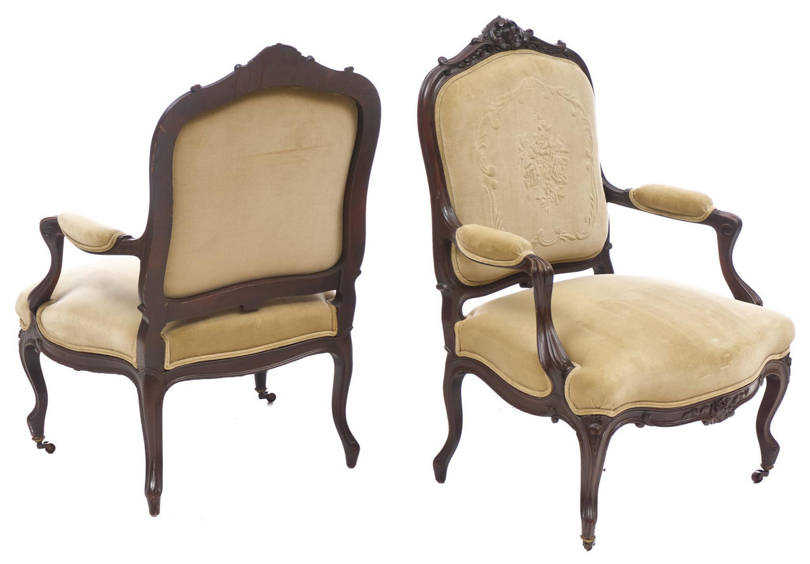 Pair of French Provincial Bergere Parlor Chairs: Pair of French Provincial bergere parlor chairs, having carved wooden frame with tan upholstery, rising on curved legs with casters 40"h x 29"w x 20"d/ each We happily provide seamless shi