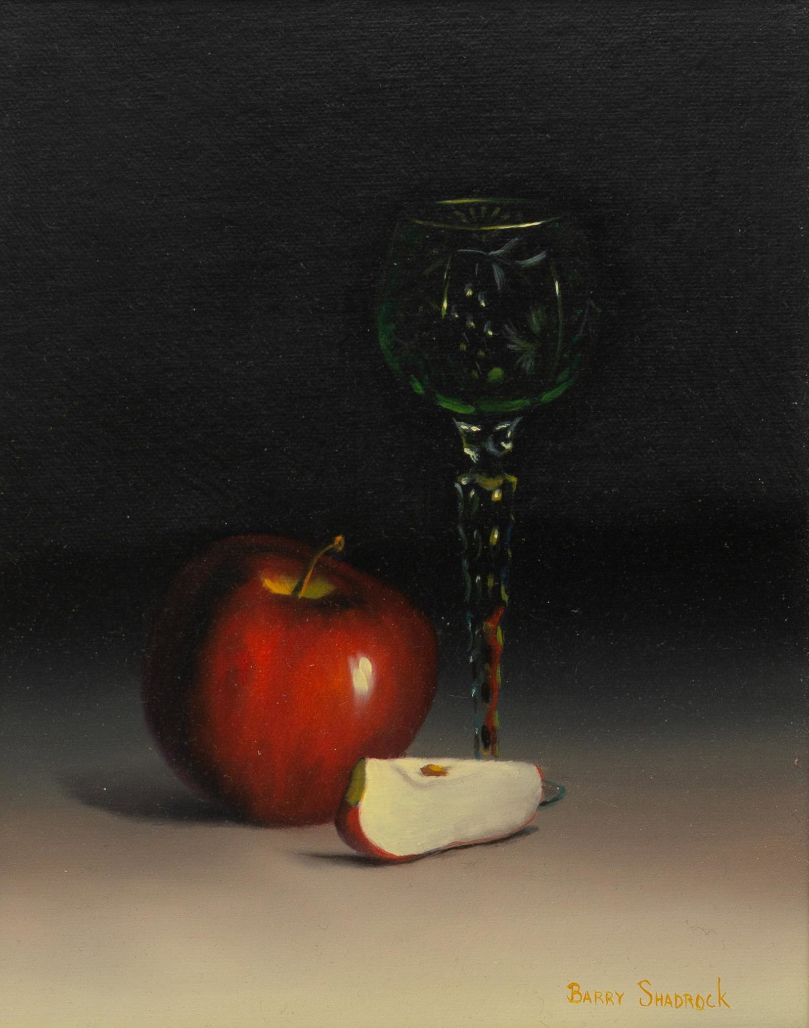 Barry Shadrock (20th-21st C.), Temptation: Barry Shadrock (20th-21st C.), temptation, oil on canvas, framed sight: 9.5"h x 7.5"w, frame: 15.5"h x 13.5"w Provenance: The Estate of Joan and Herbert Hahn We happily provide seamles